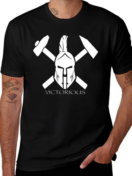 Victorious Spartan Helmet & Hammer Graphic T-Shirt - Black
