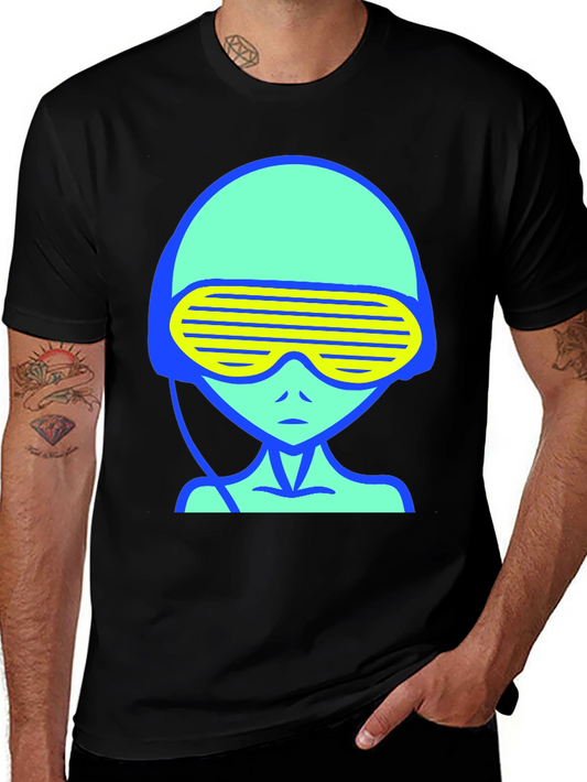 Retro Alien Graphic Tee - Black Cotton T-Shirt