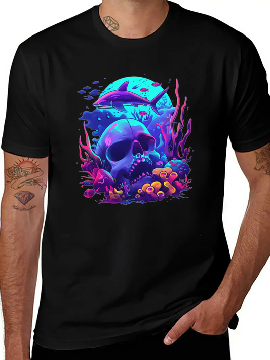 Neon Blue Skull And Shark Modern Fit Casual T-Shirt – Clean And Versatile Design