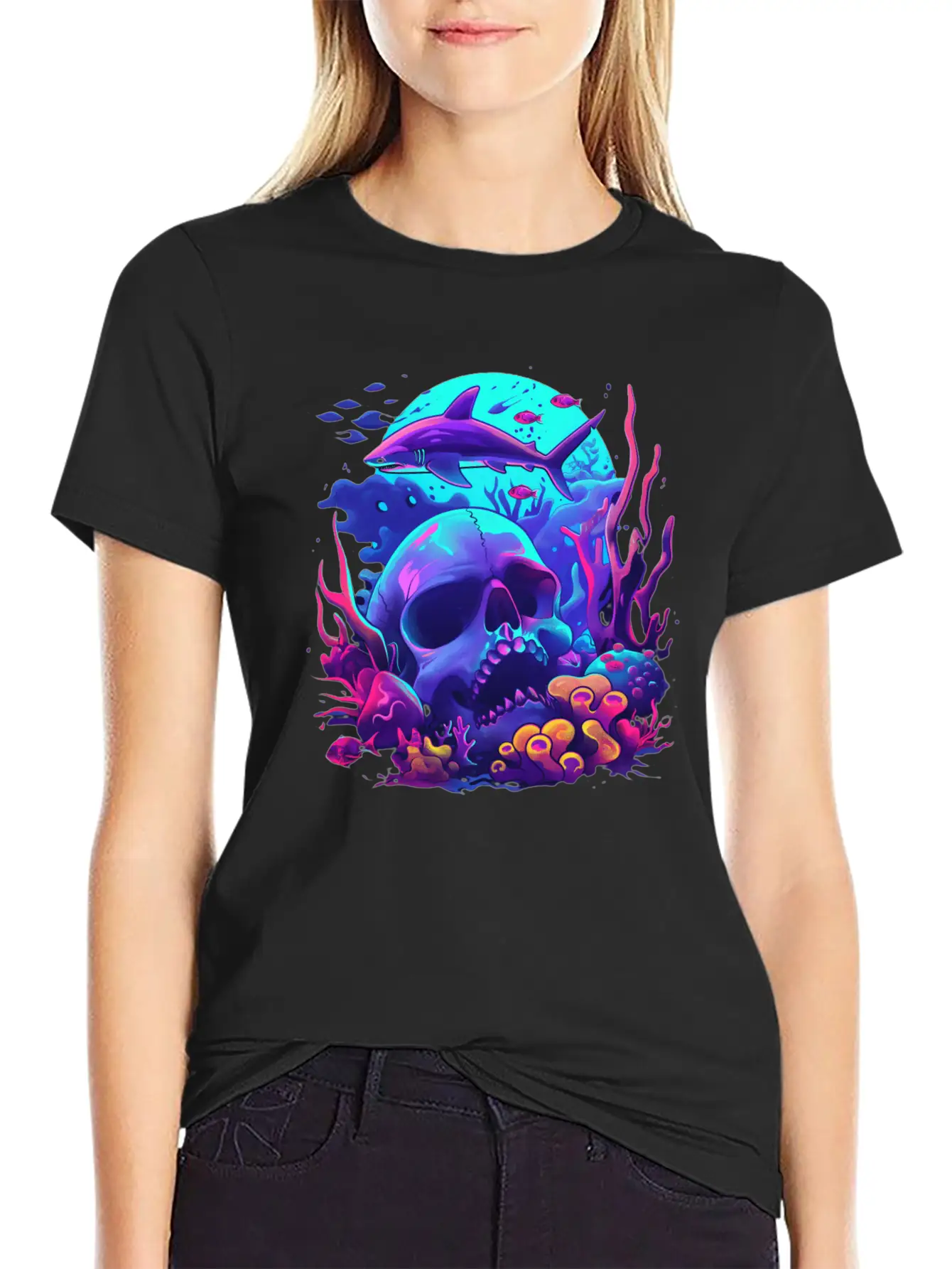Neon Blue Skull And Shark Modern Fit Casual T-Shirt – Clean And Versatile Design