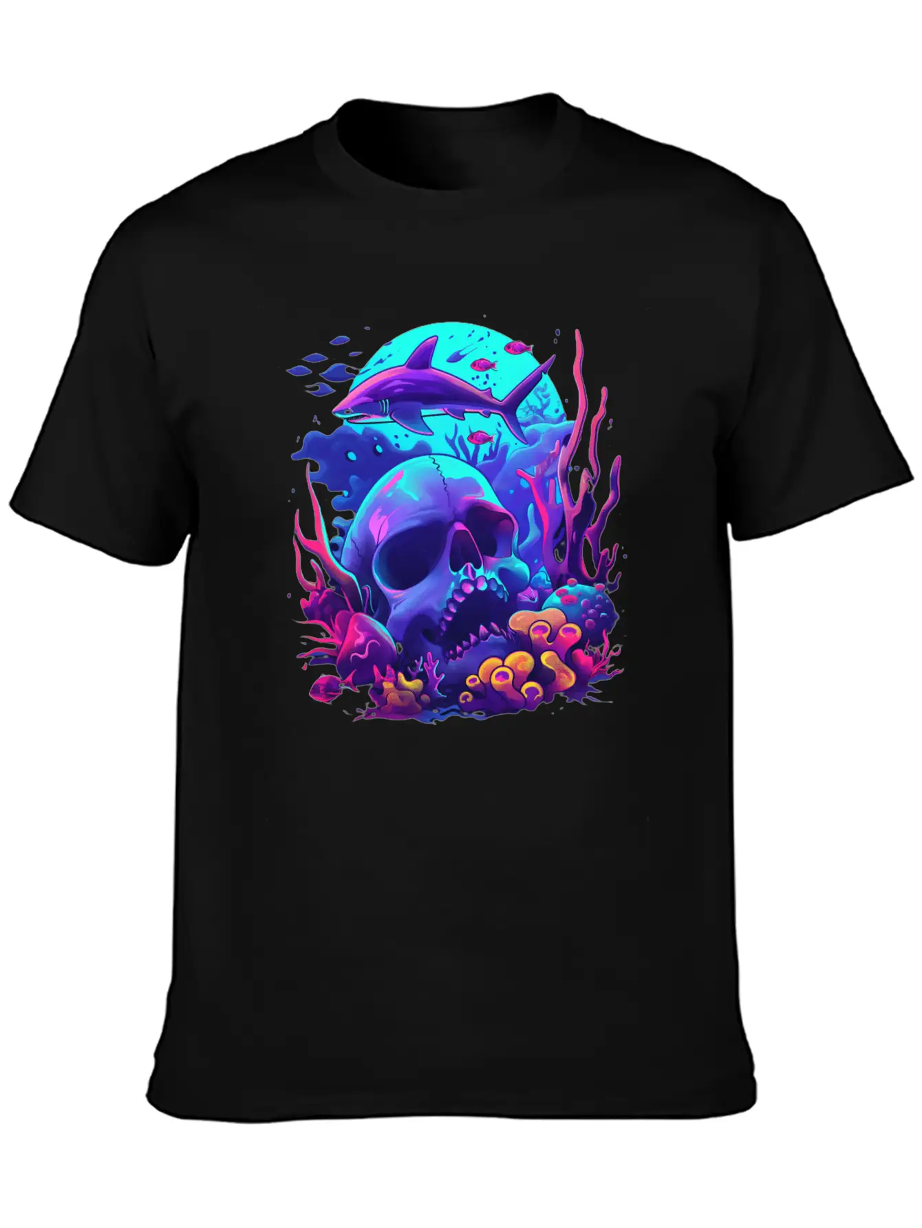 Neon Blue Skull And Shark Modern Fit Casual T-Shirt – Clean And Versatile Design