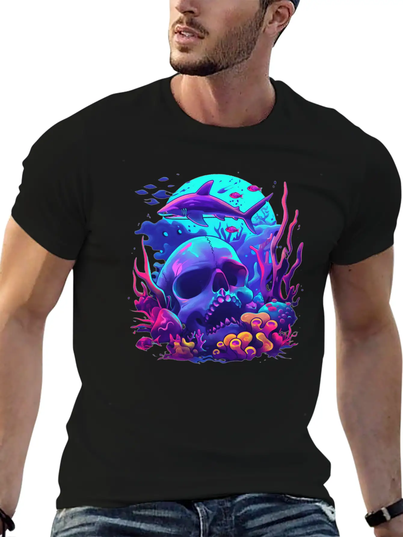 Neon Blue Skull And Shark Modern Fit Casual T-Shirt – Clean And Versatile Design