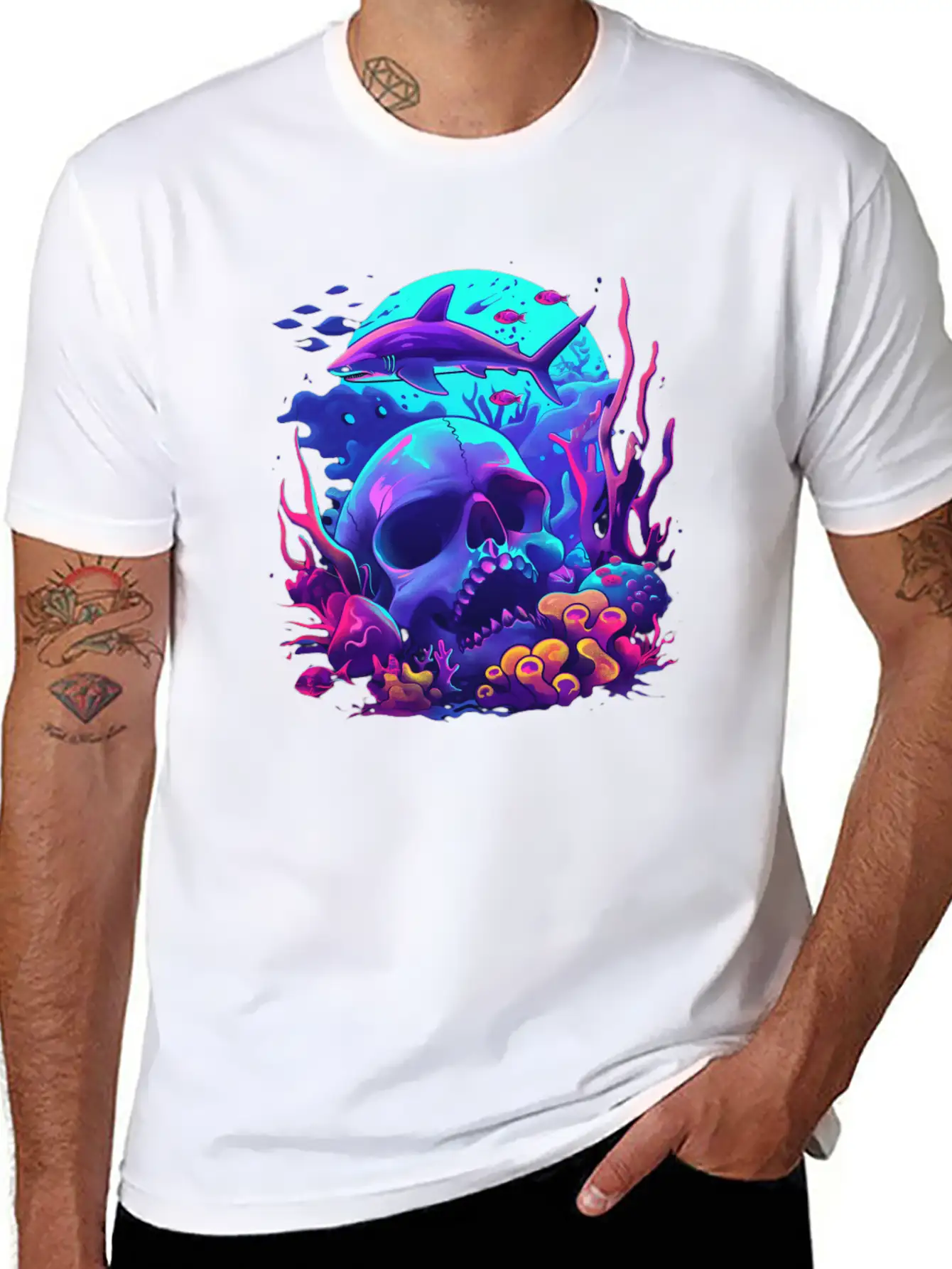 Neon Blue Skull And Shark Modern Fit Casual T-Shirt – Clean And Versatile Design