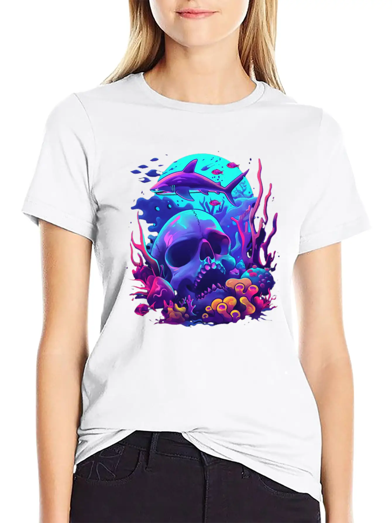 Neon Blue Skull And Shark Modern Fit Casual T-Shirt – Clean And Versatile Design