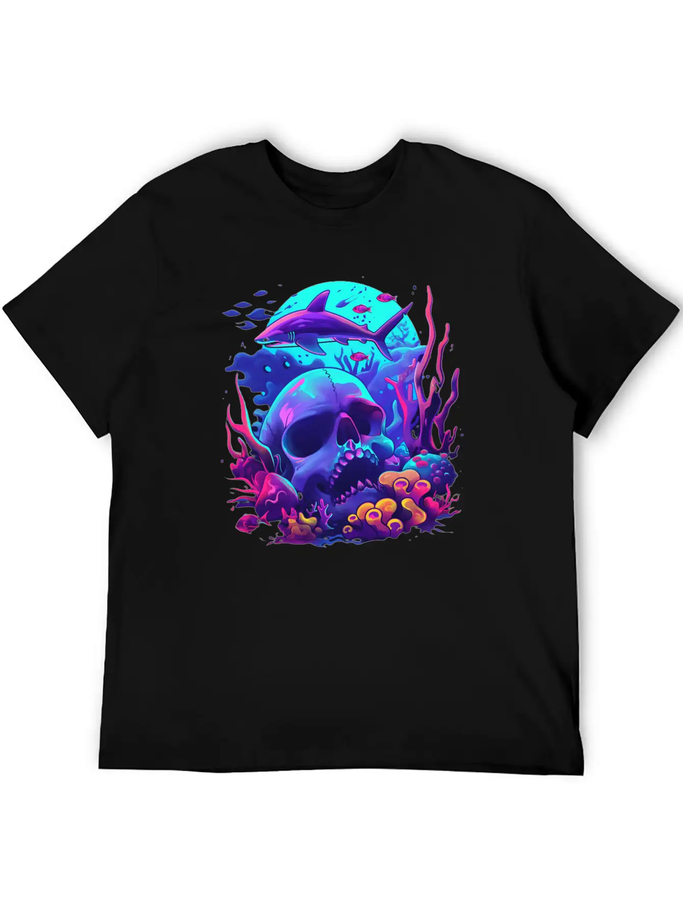 Neon Blue Skull And Shark Modern Fit Casual T-Shirt – Clean And Versatile Design