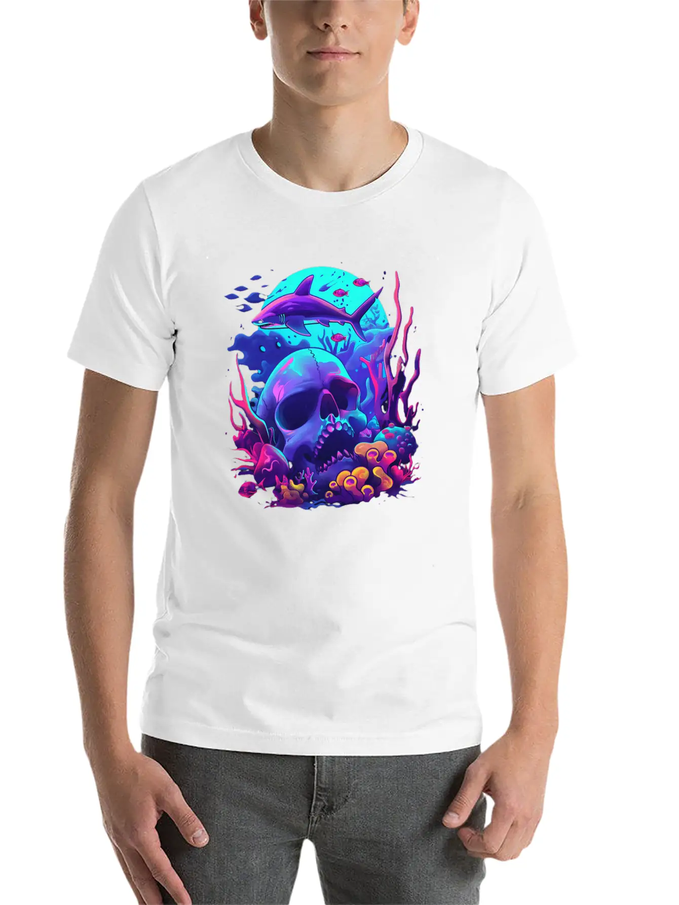 Neon Blue Skull And Shark Modern Fit Casual T-Shirt – Clean And Versatile Design