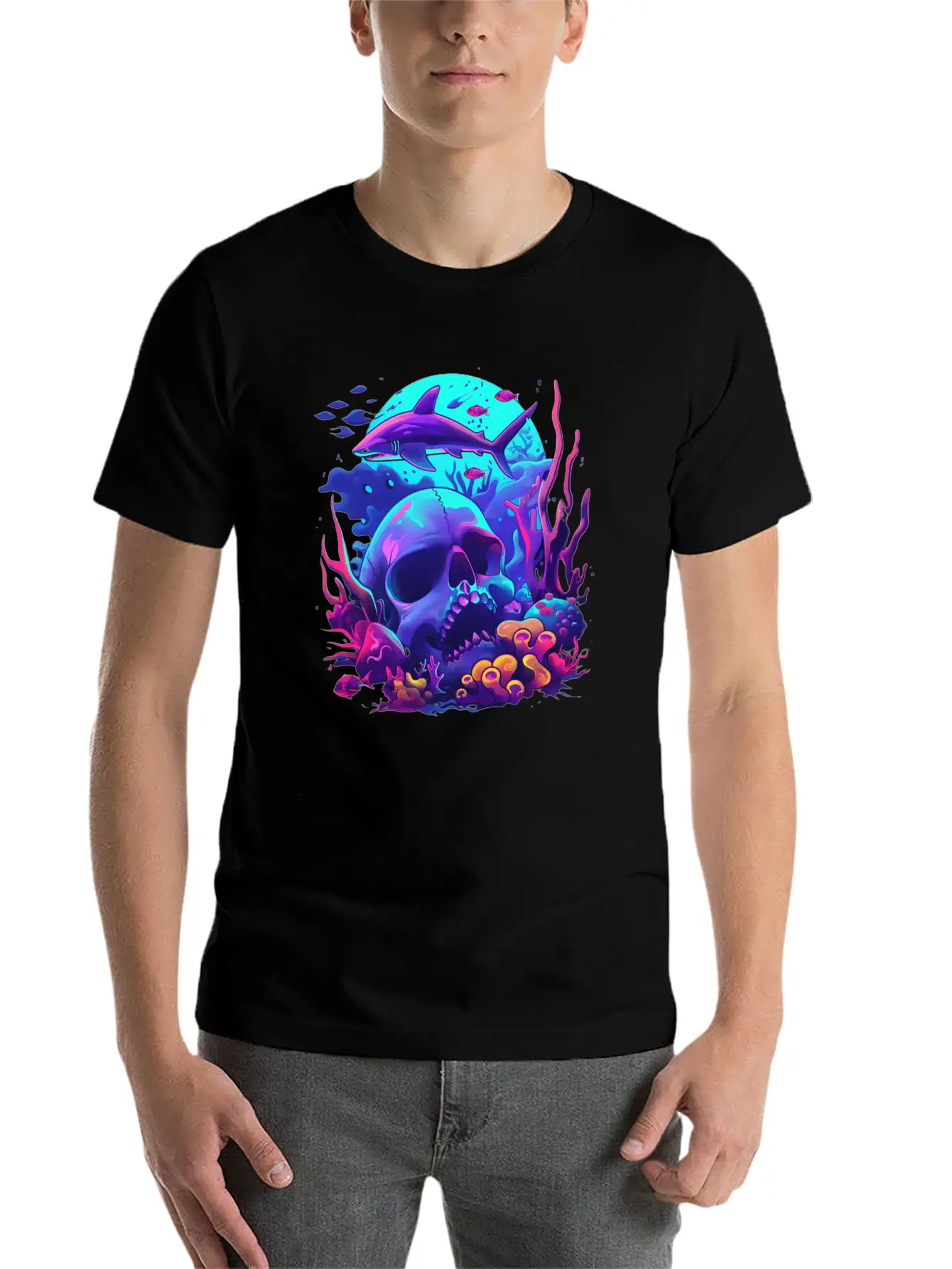 Neon Blue Skull And Shark Modern Fit Casual T-Shirt – Clean And Versatile Design