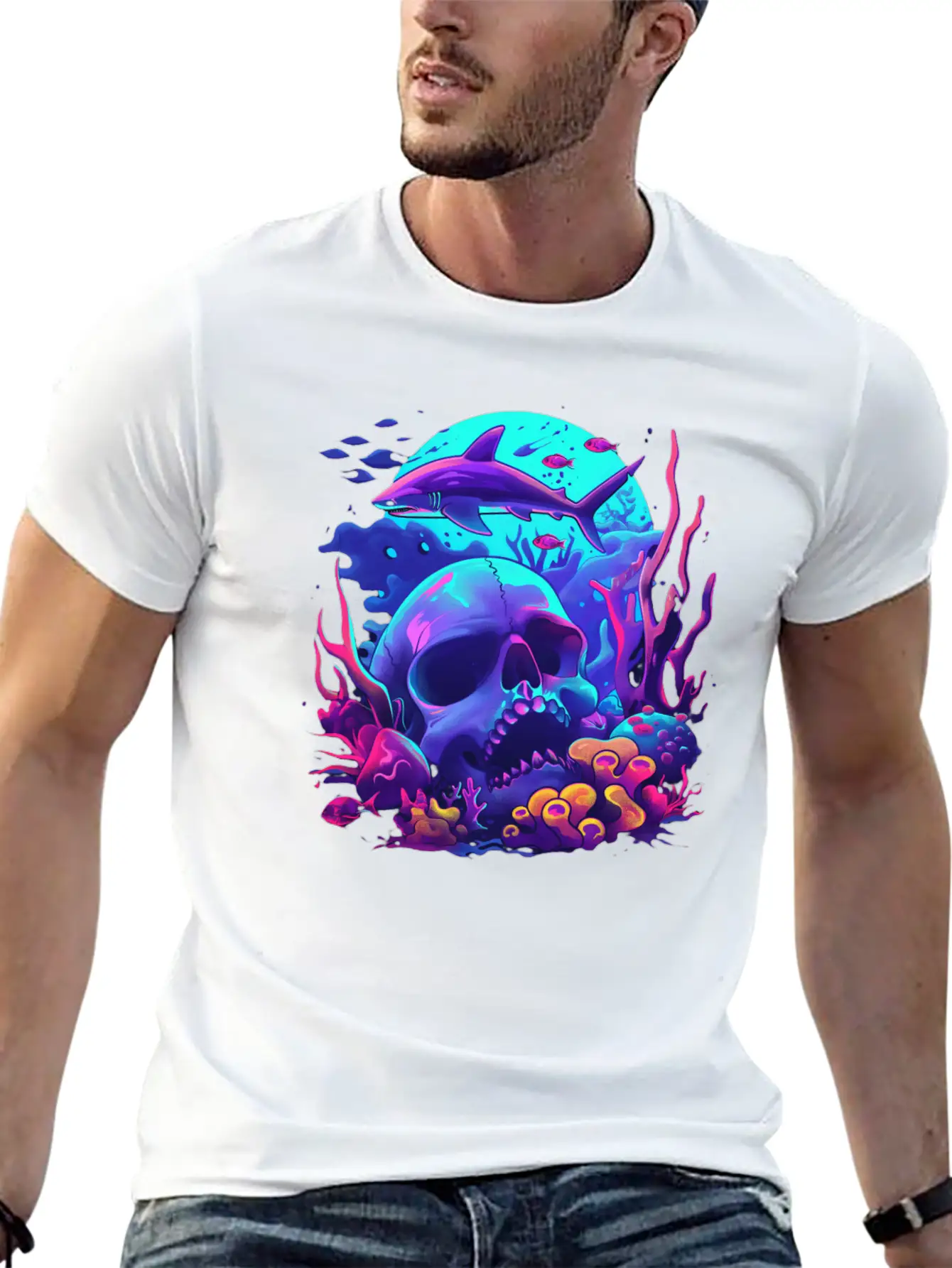 Neon Blue Skull And Shark Modern Fit Casual T-Shirt – Clean And Versatile Design