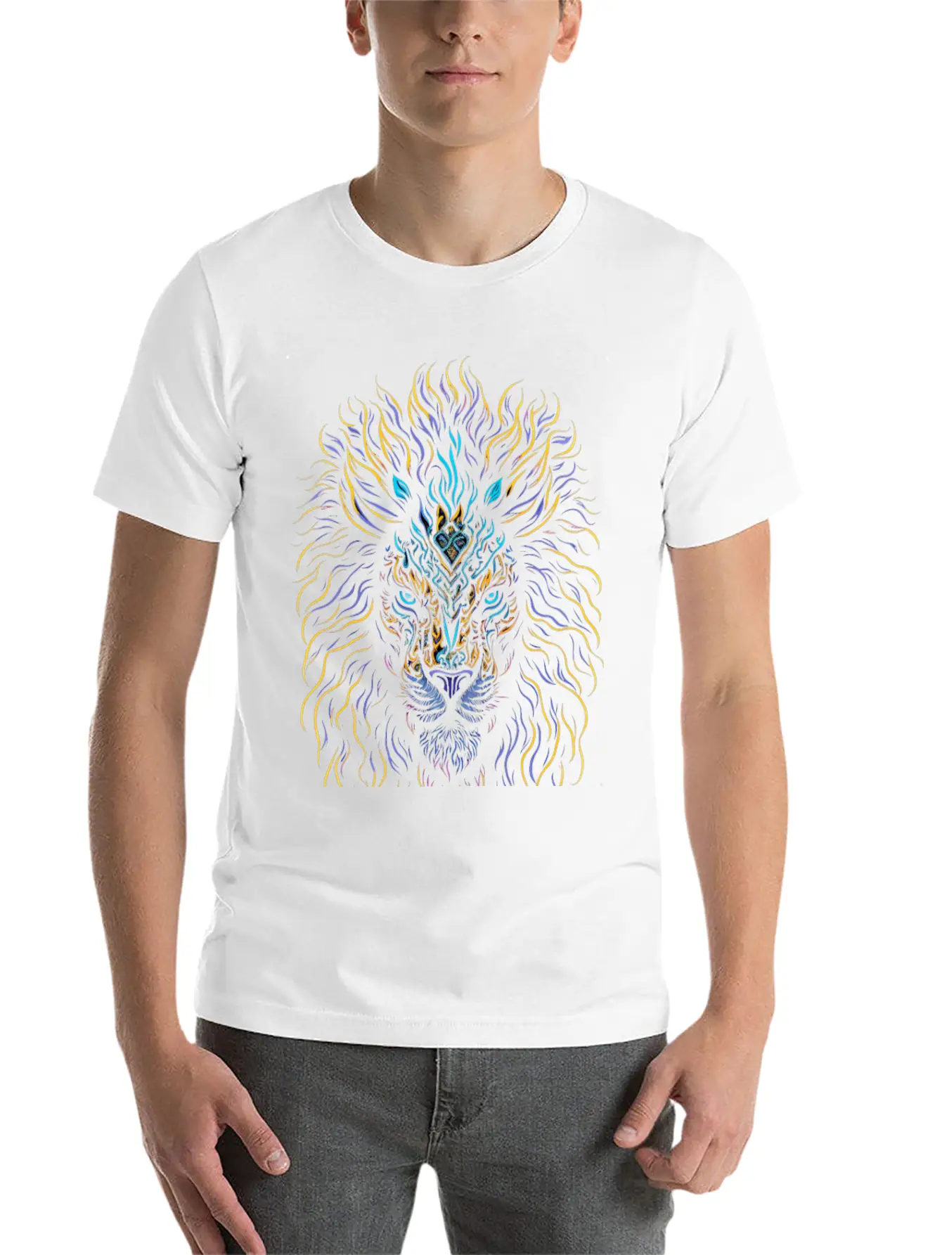 Neon Color Ornamental Lion Head Essential Cotton Tee For Daily Outfits – Unisex Style