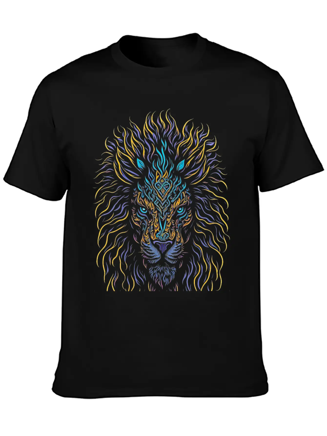 Neon Color Ornamental Lion Head Essential Cotton Tee For Daily Outfits – Unisex Style