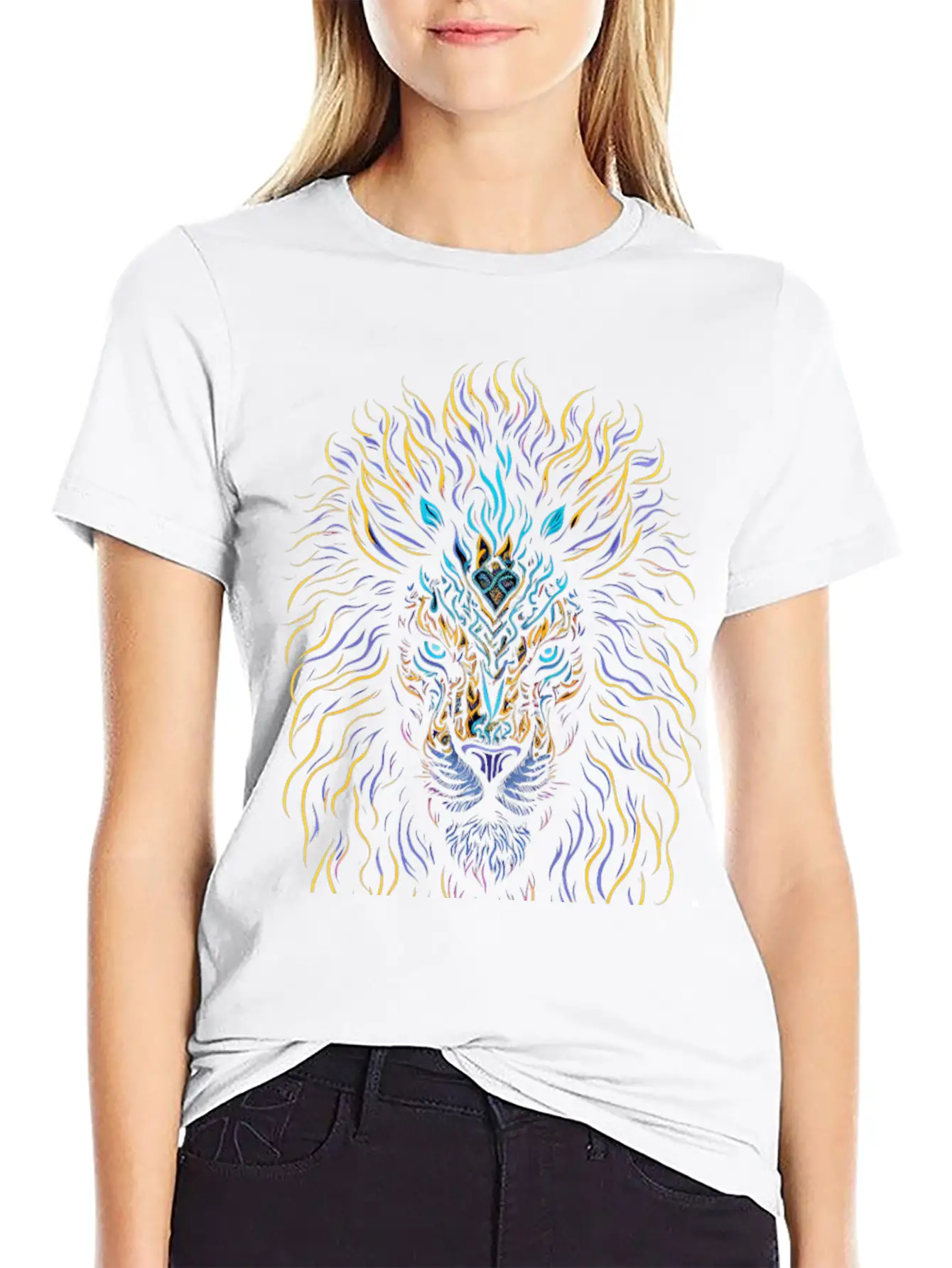 Neon Color Ornamental Lion Head Essential Cotton Tee For Daily Outfits – Unisex Style