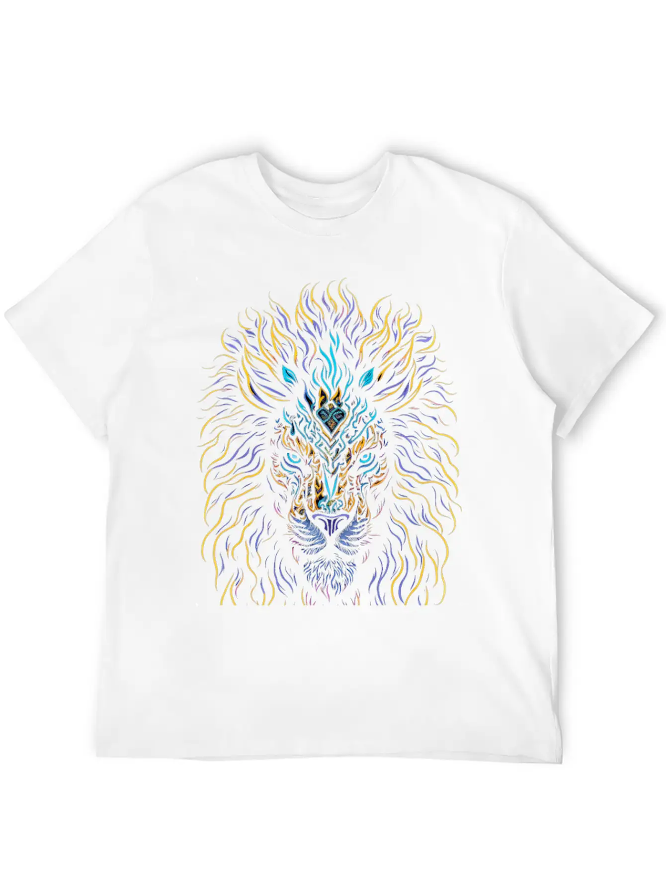 Neon Color Ornamental Lion Head Essential Cotton Tee For Daily Outfits – Unisex Style
