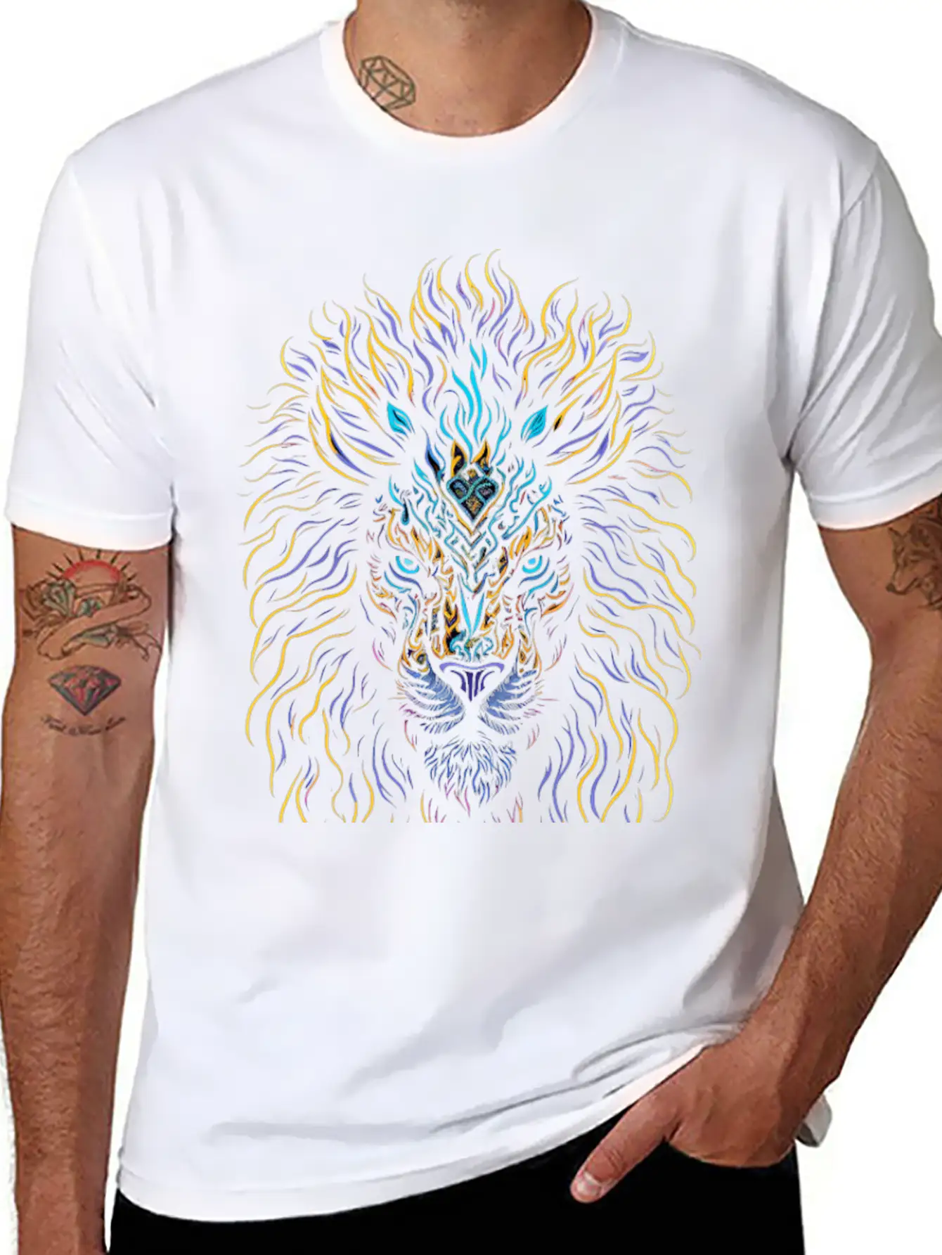 Neon Color Ornamental Lion Head Essential Cotton Tee For Daily Outfits – Unisex Style