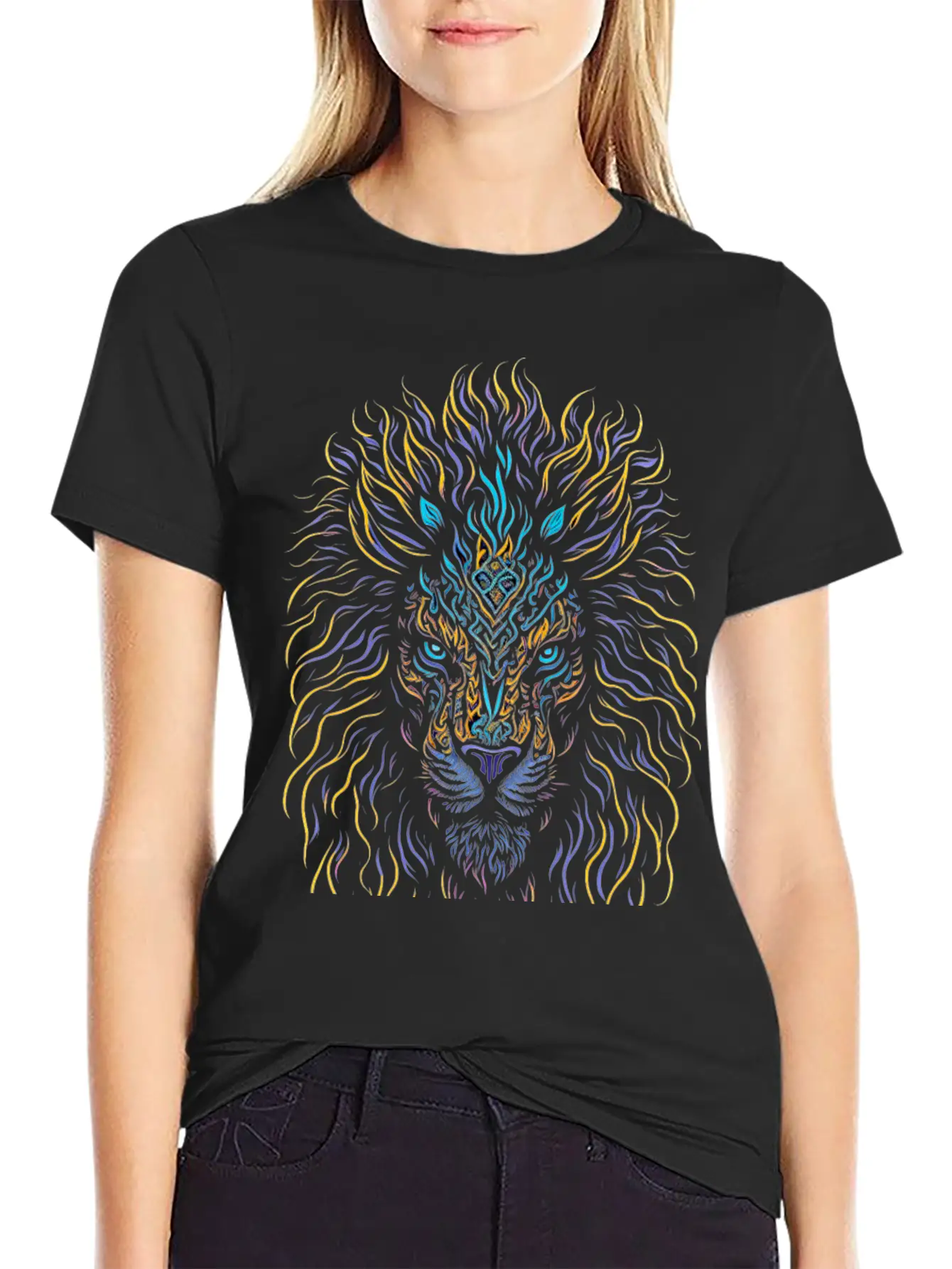 Neon Color Ornamental Lion Head Essential Cotton Tee For Daily Outfits – Unisex Style