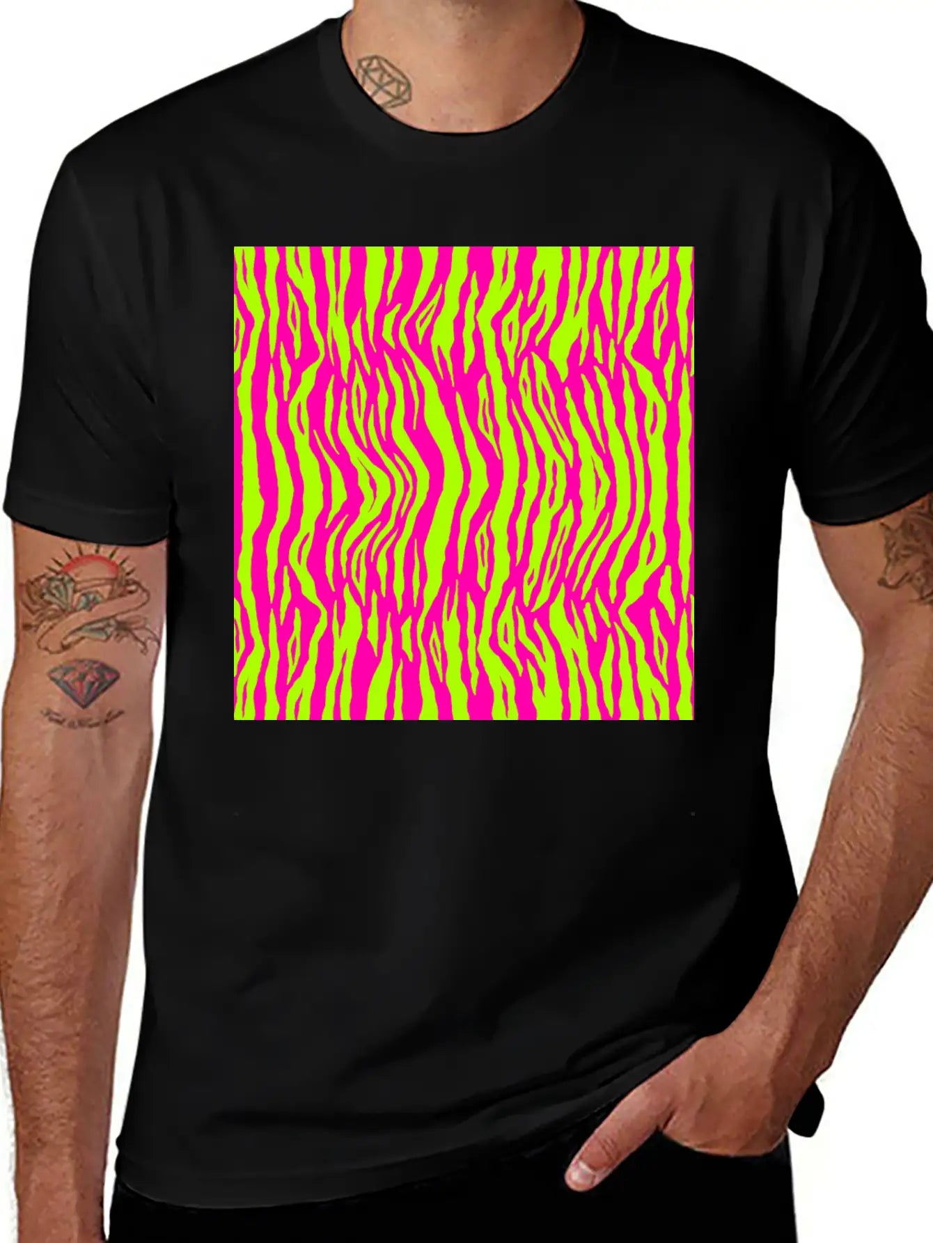 Neon Pink Green Tiger Pattern Essential Cotton Tee For Daily Outfits – Unisex Style