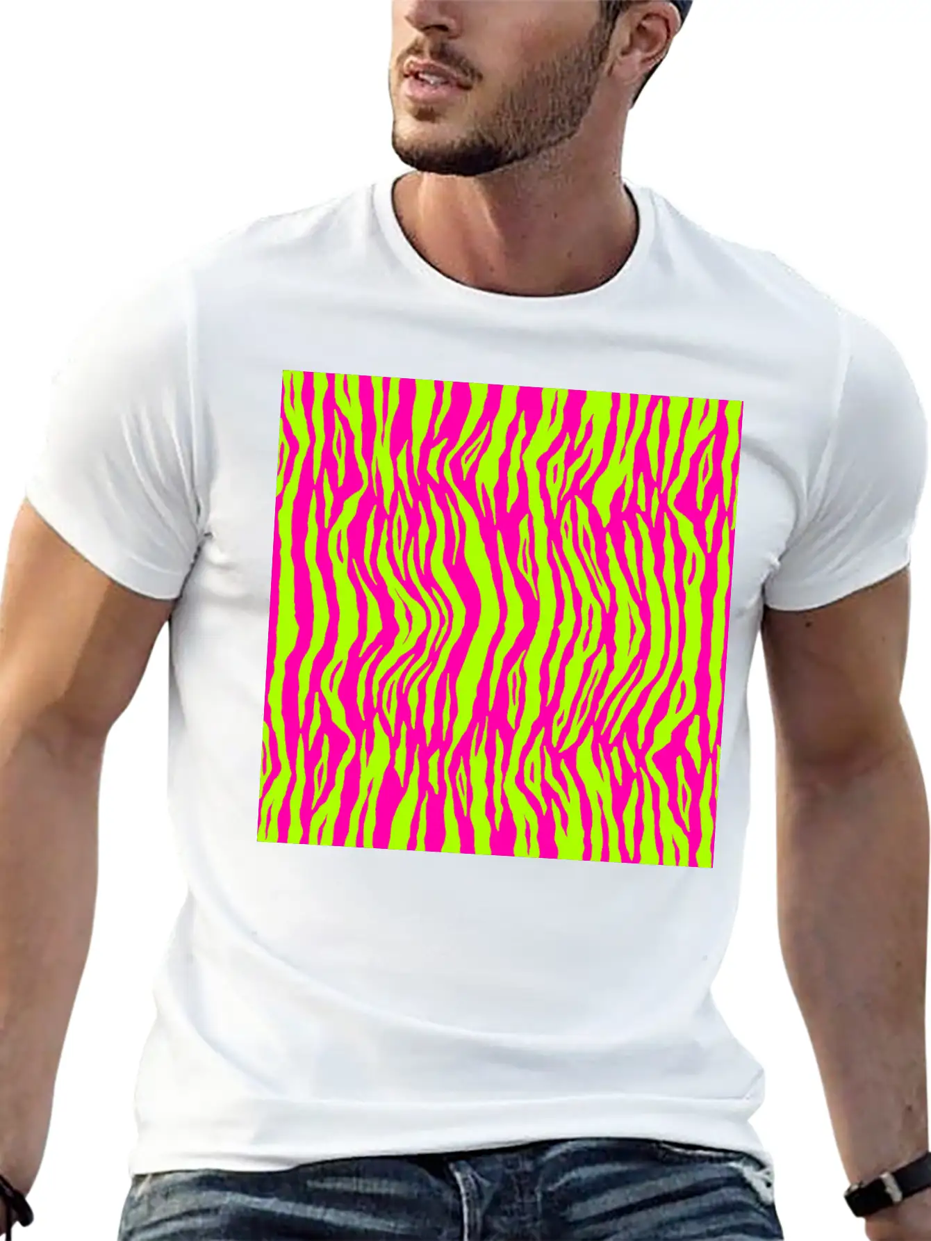 Neon Pink Green Tiger Pattern Essential Cotton Tee For Daily Outfits – Unisex Style