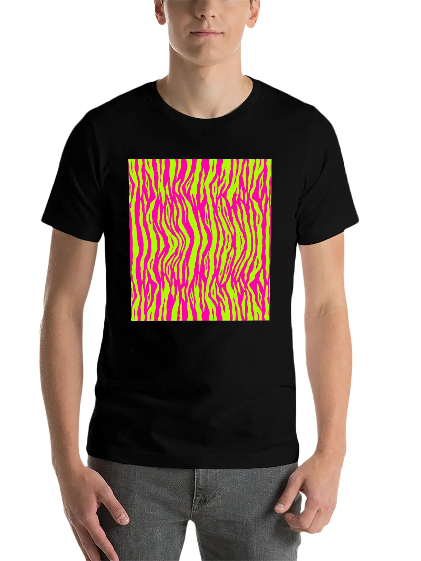 Neon Pink Green Tiger Pattern Essential Cotton Tee For Daily Outfits – Unisex Style