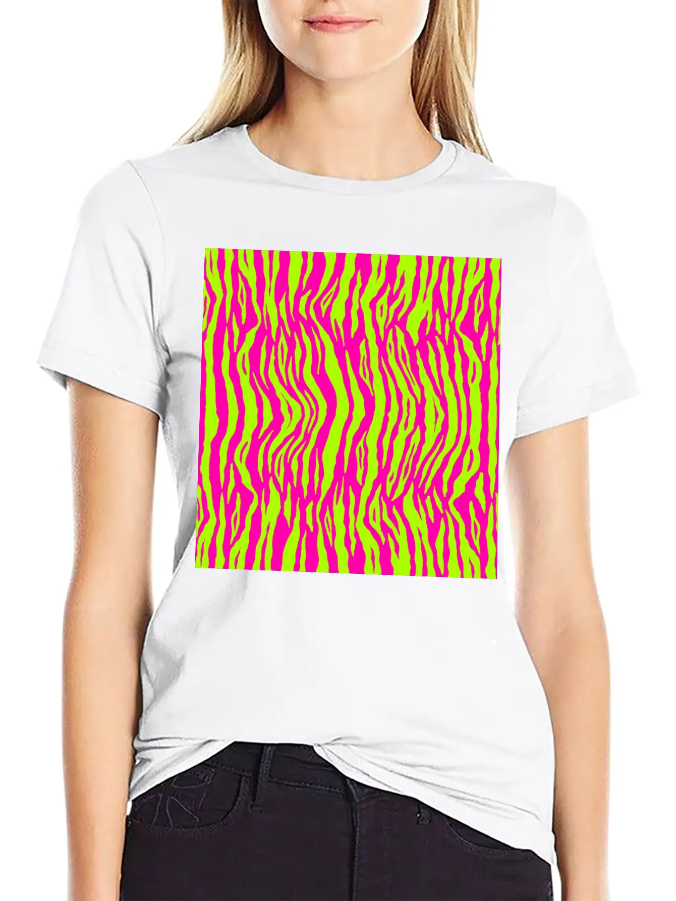 Neon Pink Green Tiger Pattern Essential Cotton Tee For Daily Outfits – Unisex Style