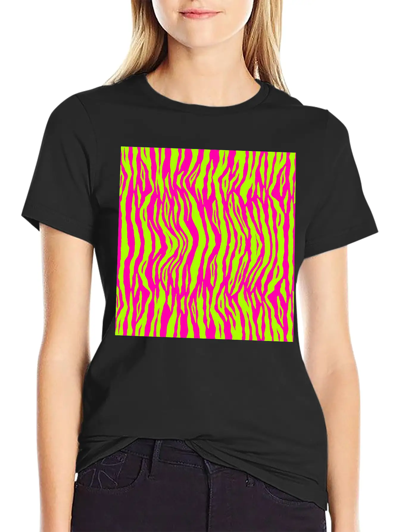 Neon Pink Green Tiger Pattern Essential Cotton Tee For Daily Outfits – Unisex Style