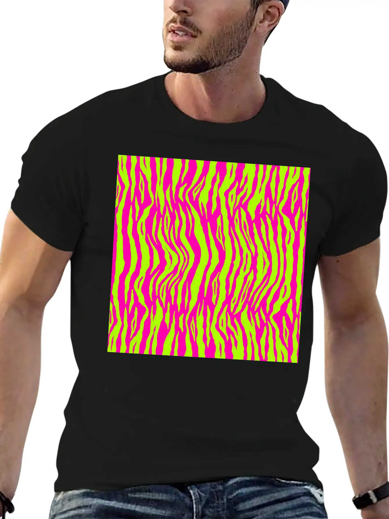 Neon Pink Green Tiger Pattern Essential Cotton Tee For Daily Outfits – Unisex Style