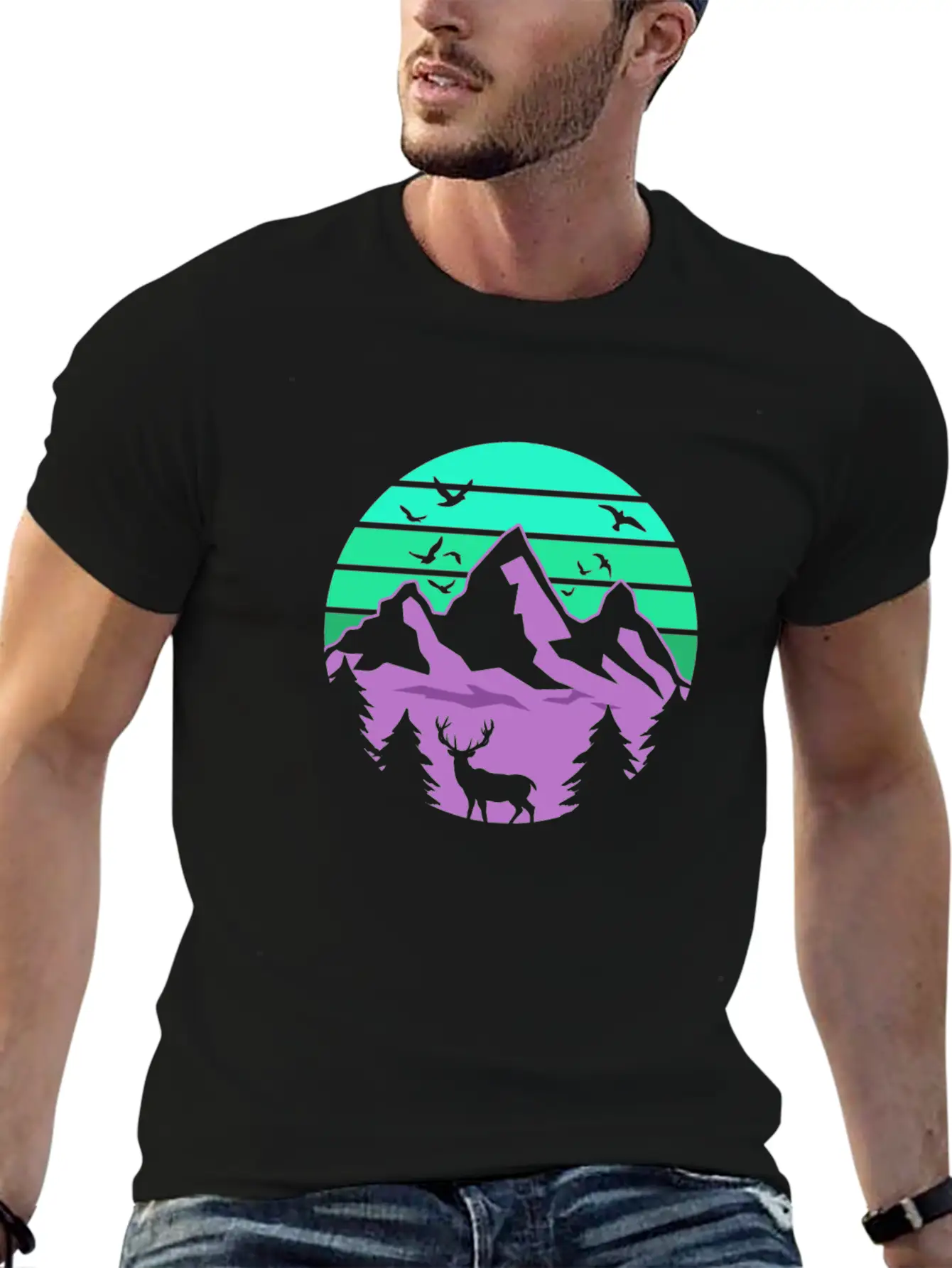 Neon Retro Style Mountain Lightweight Cotton T-Shirt – Daily Comfort Graphic Shirt