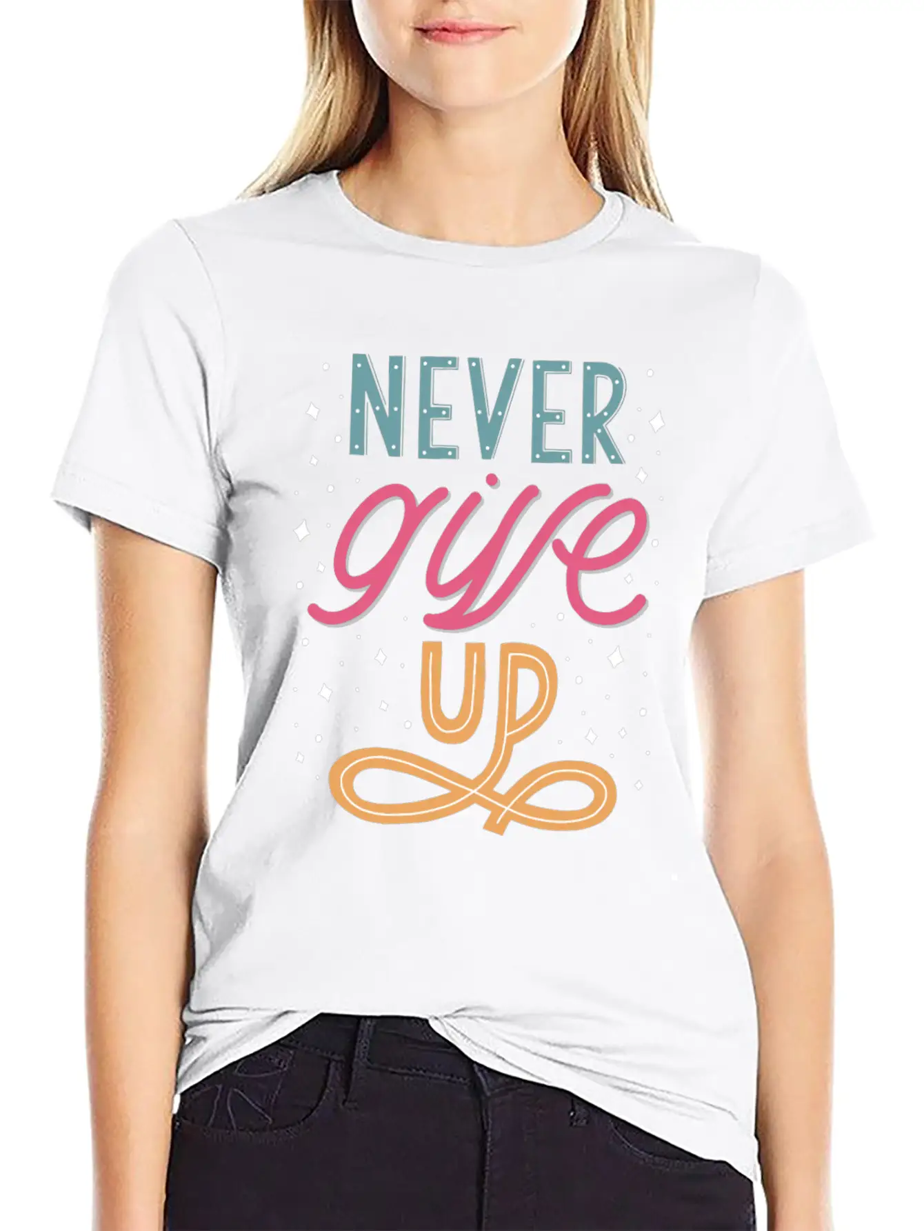 Never Give Up Lettering Doodle Unisex Casual T-Shirt – Clean Design For Daily Comfort