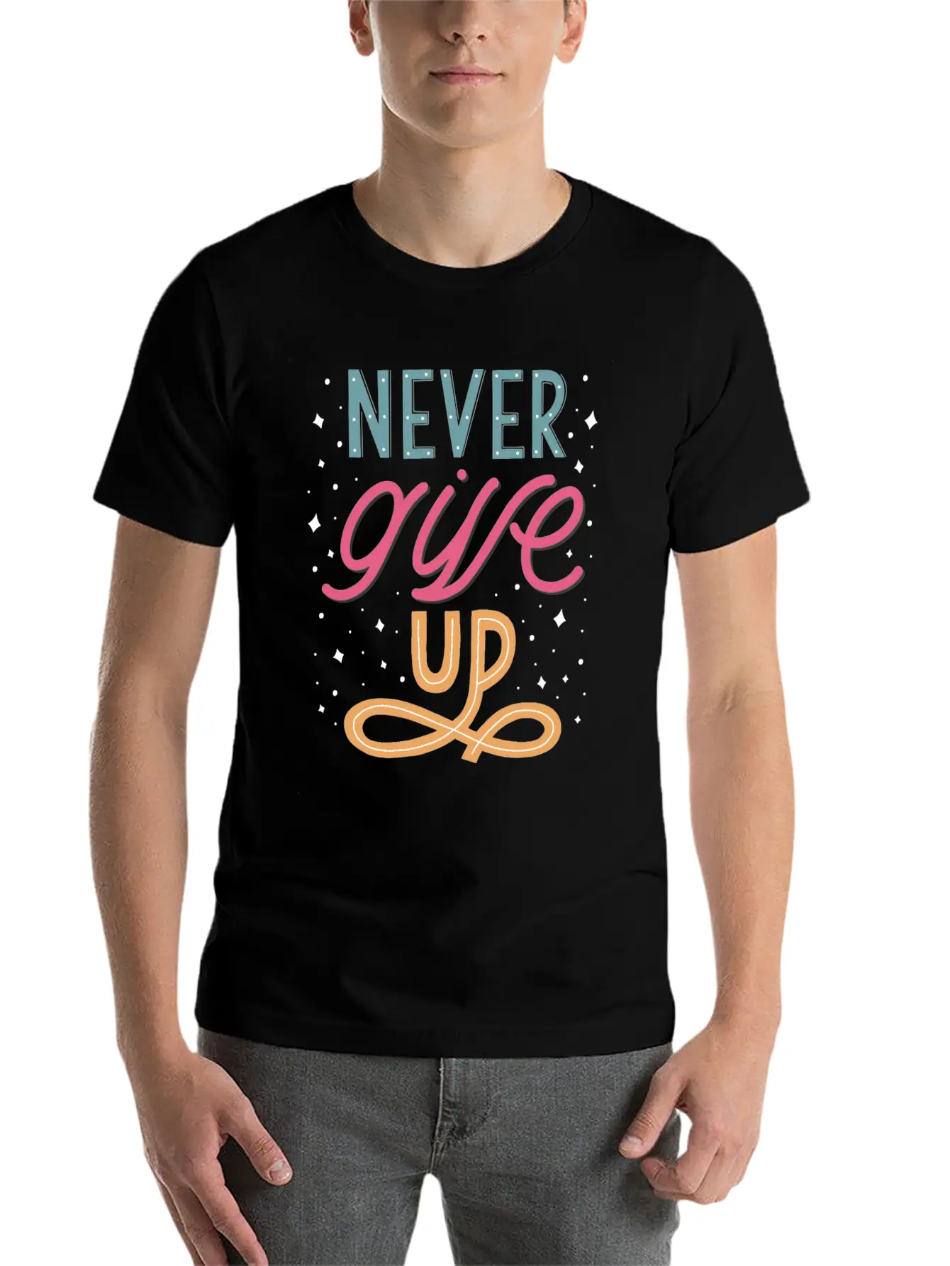 Never Give Up Lettering Doodle Unisex Casual T-Shirt – Clean Design For Daily Comfort