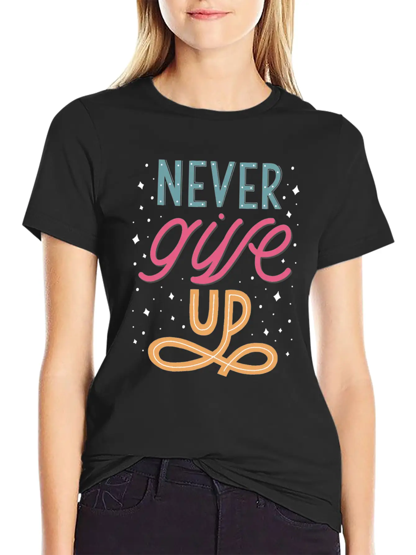 Never Give Up Lettering Doodle Unisex Casual T-Shirt – Clean Design For Daily Comfort