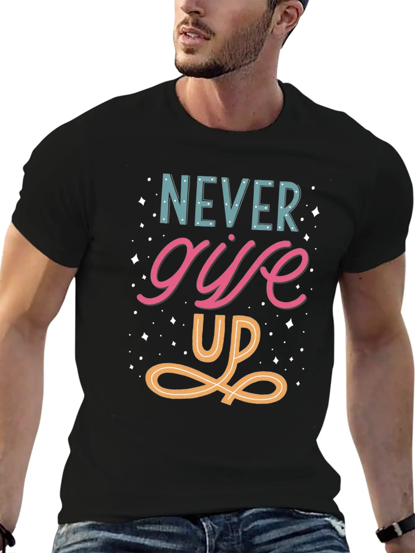 Never Give Up Lettering Doodle Unisex Casual T-Shirt – Clean Design For Daily Comfort