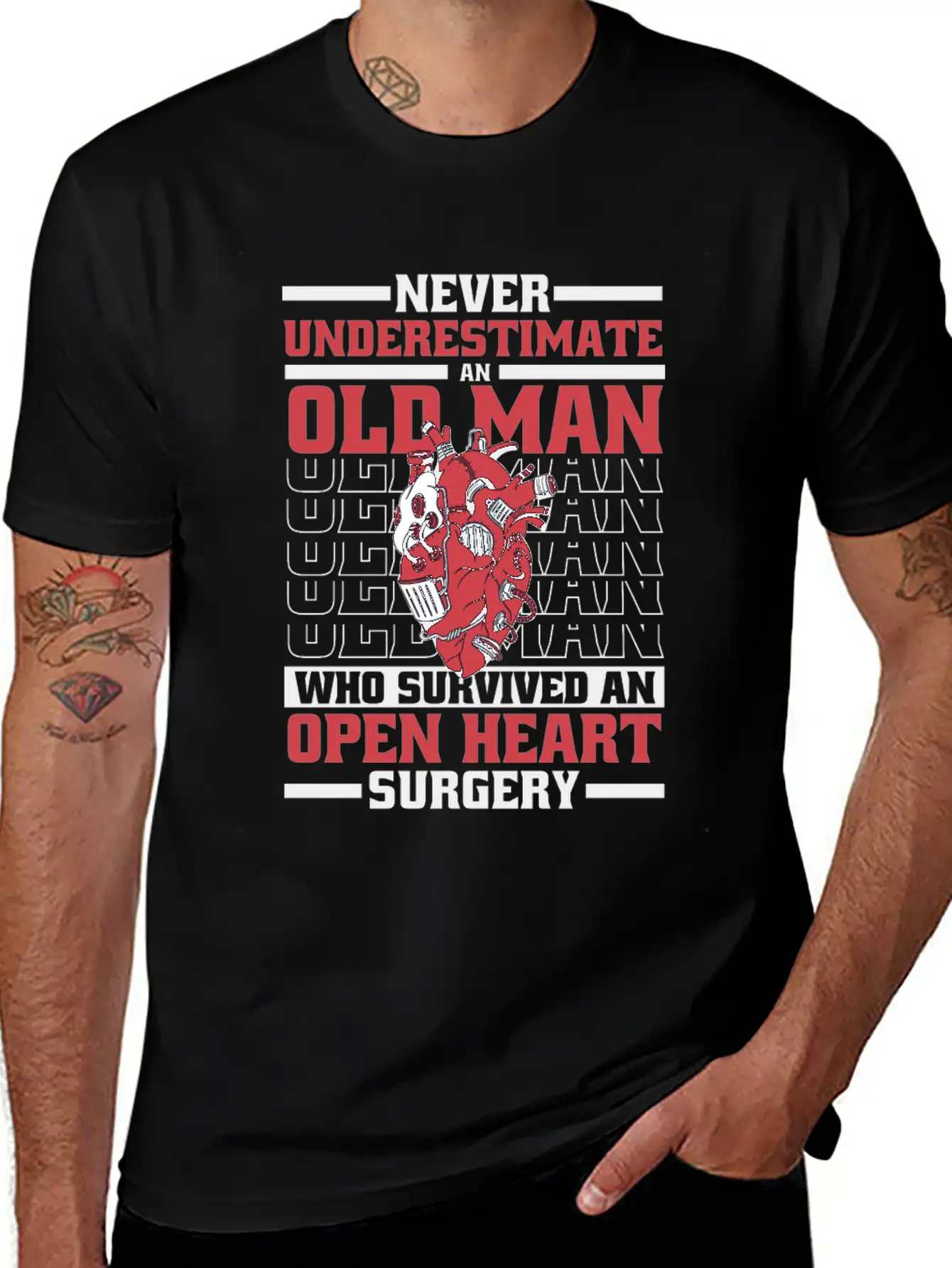Never Underestimate An Old Man Survived Heart Basic Graphic T-Shirt – Daily Comfort In Soft Cotton