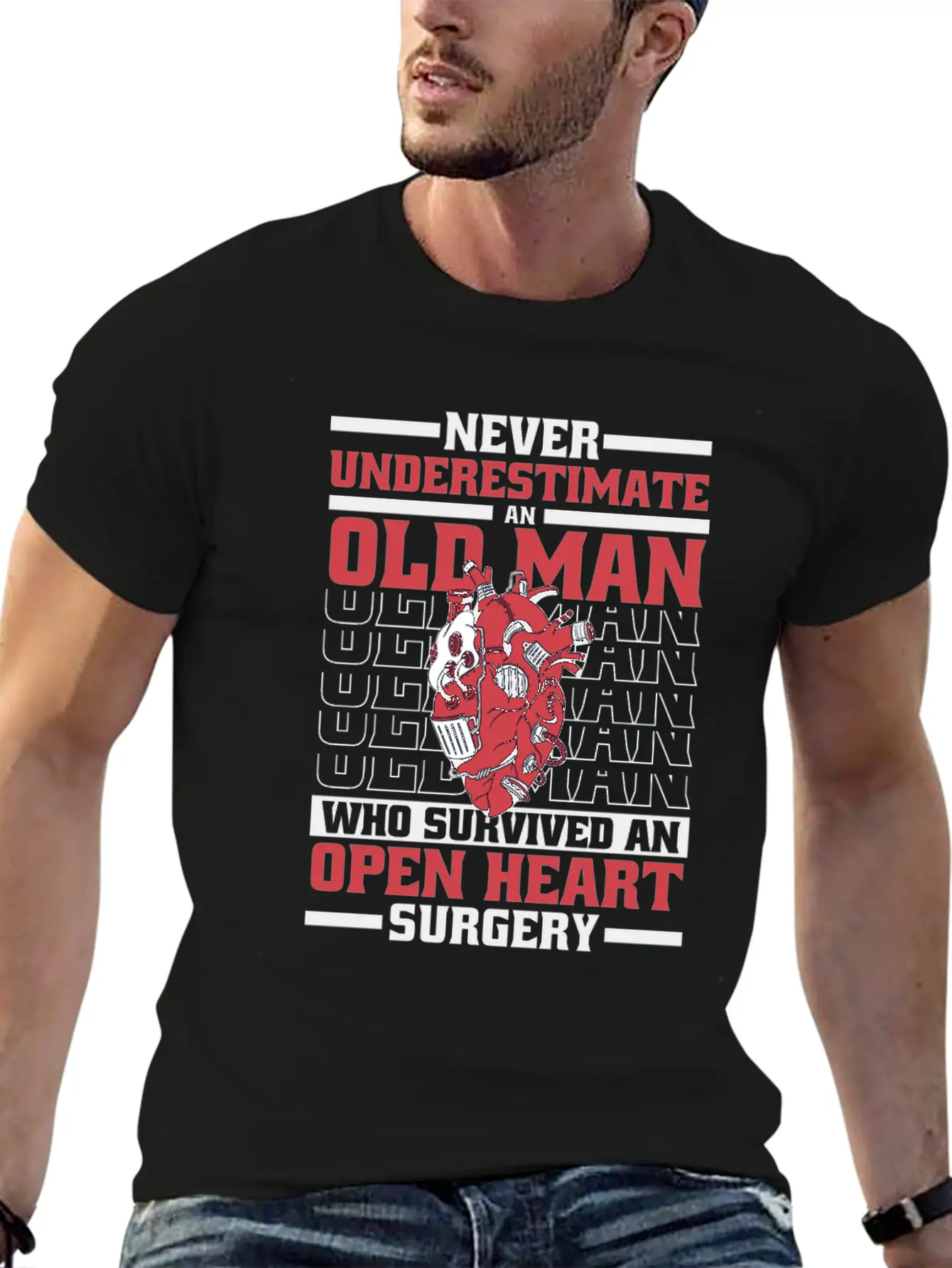 Never Underestimate An Old Man Survived Heart Basic Graphic T-Shirt – Daily Comfort In Soft Cotton