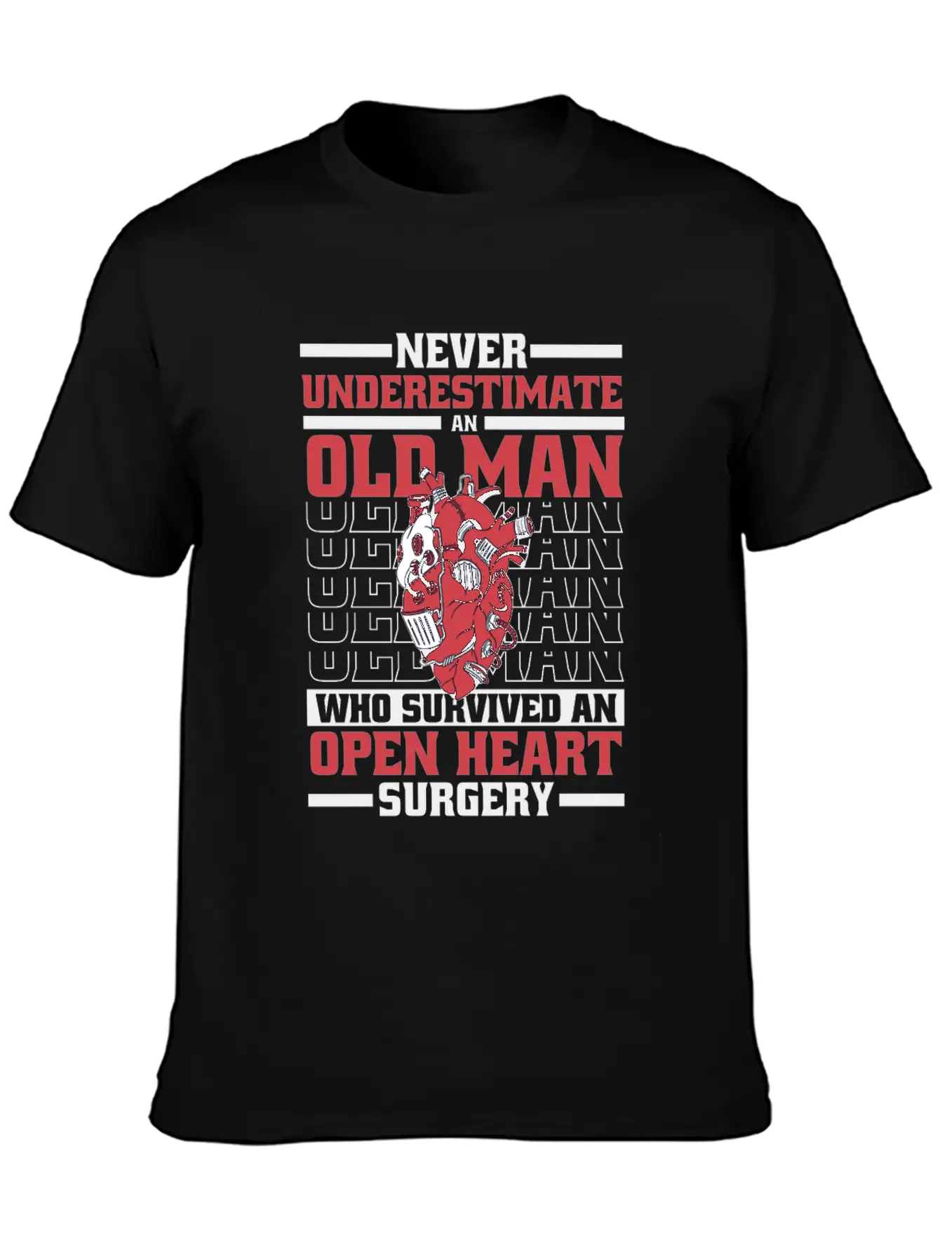 Never Underestimate An Old Man Survived Heart Basic Graphic T-Shirt – Daily Comfort In Soft Cotton