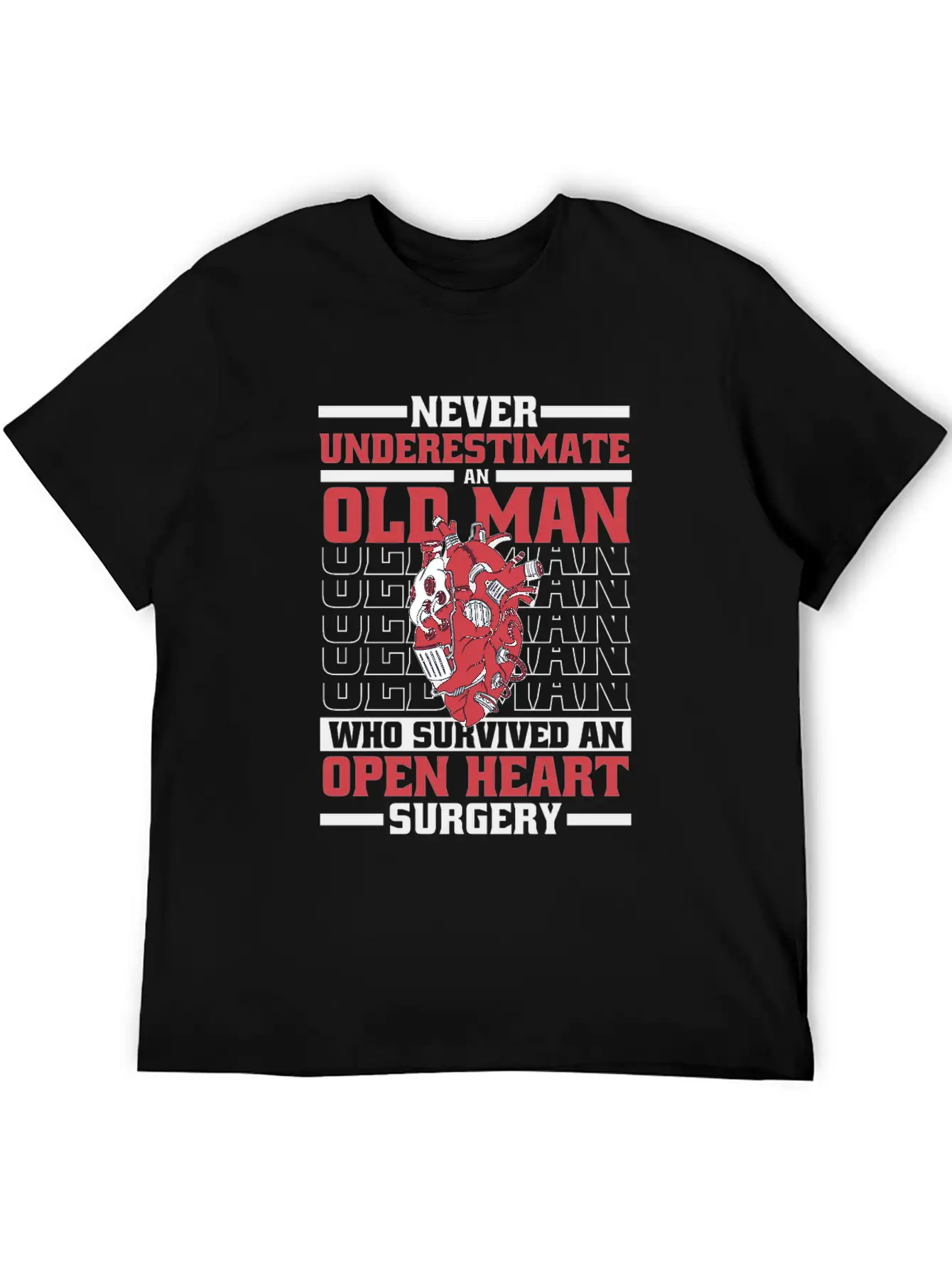 Never Underestimate An Old Man Survived Heart Basic Graphic T-Shirt – Daily Comfort In Soft Cotton