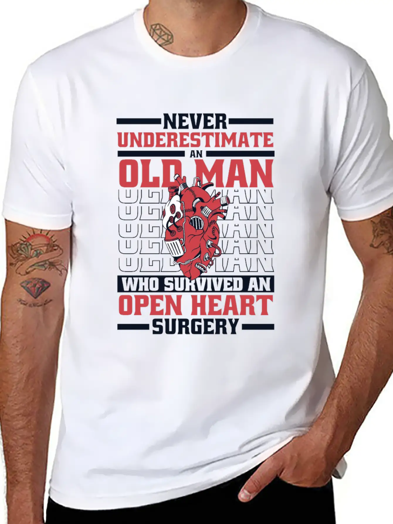 Never Underestimate An Old Man Survived Heart Basic Graphic T-Shirt – Daily Comfort In Soft Cotton