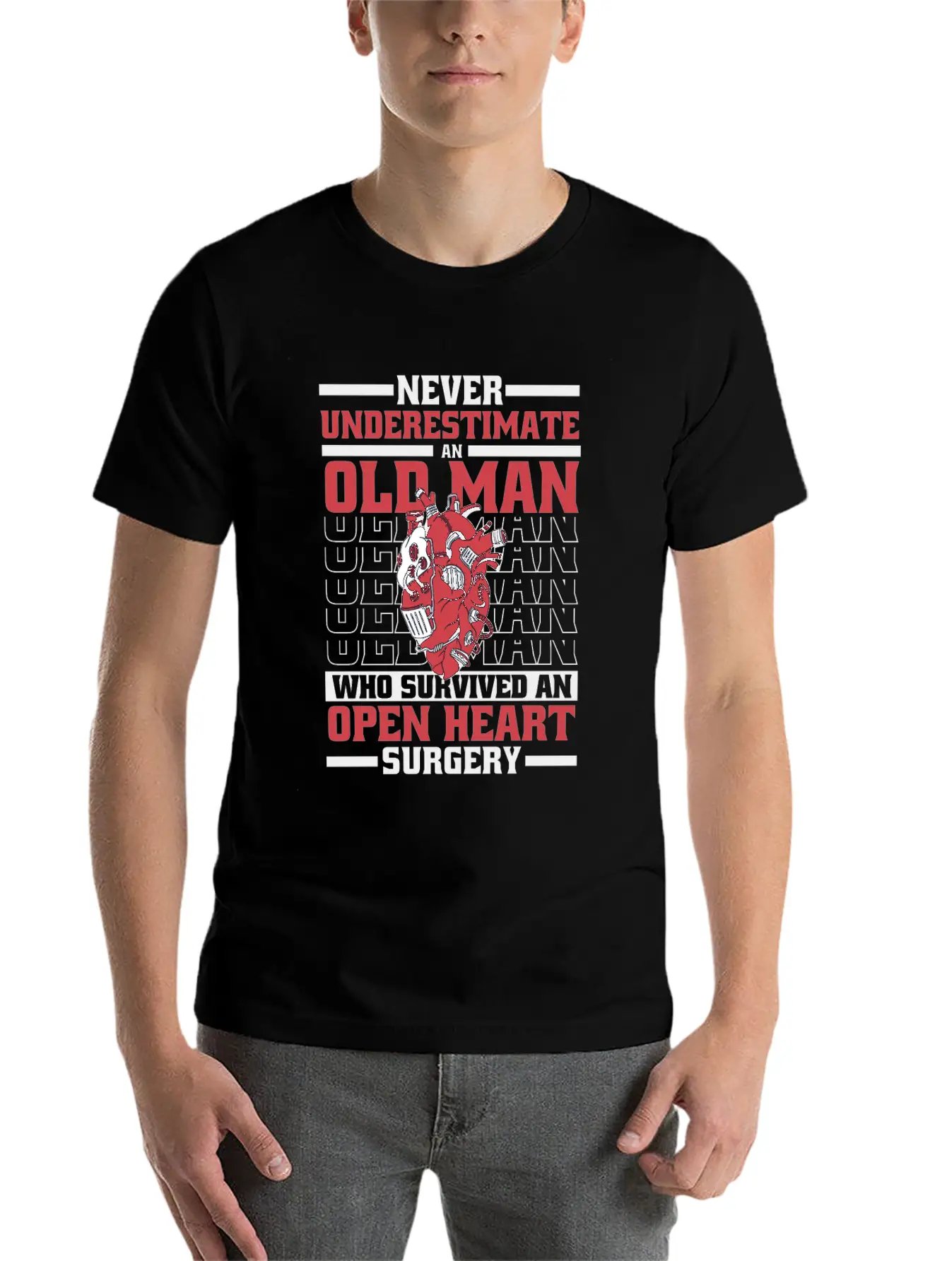 Never Underestimate An Old Man Survived Heart Basic Graphic T-Shirt – Daily Comfort In Soft Cotton