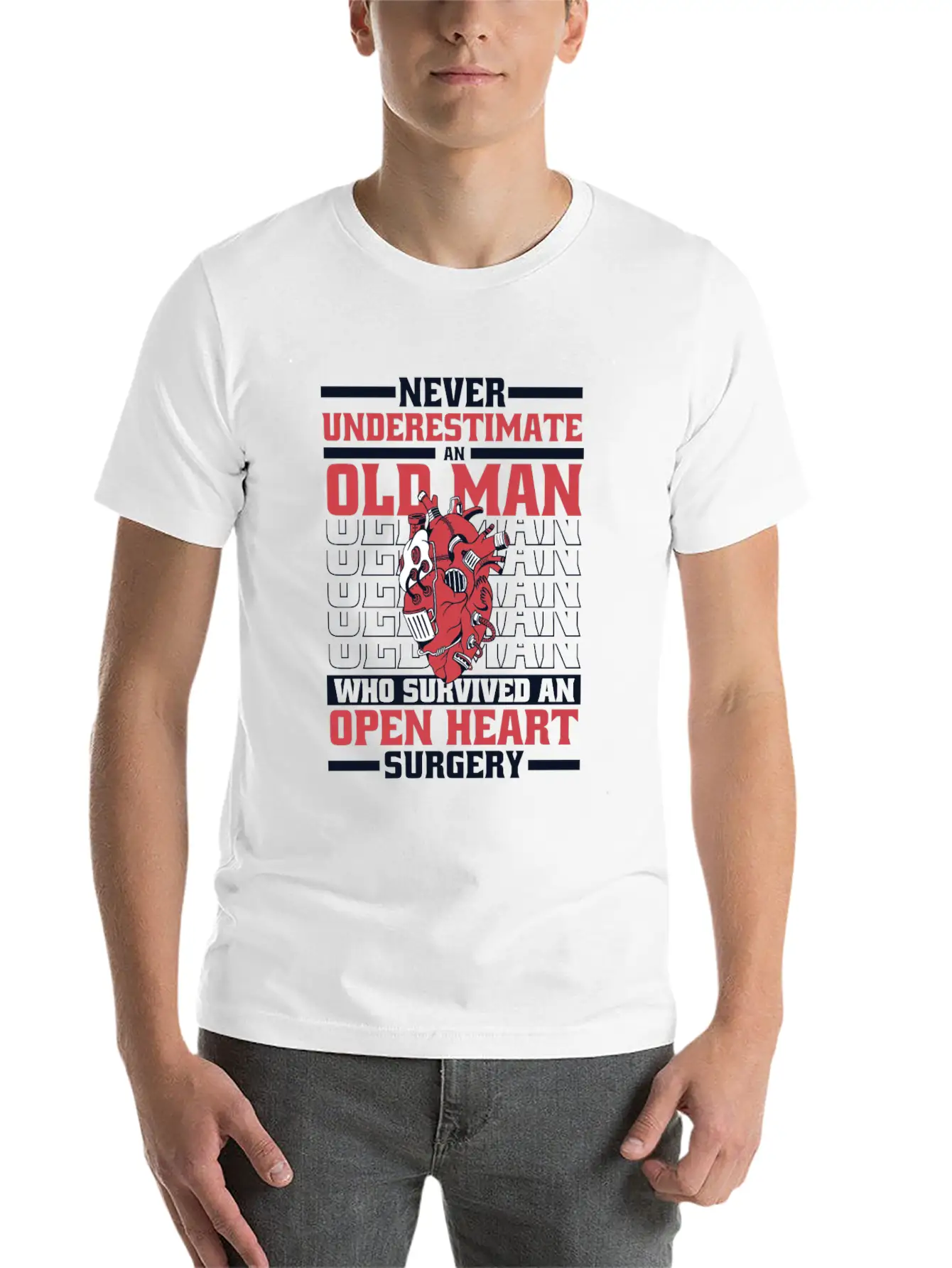 Never Underestimate An Old Man Survived Heart Basic Graphic T-Shirt – Daily Comfort In Soft Cotton