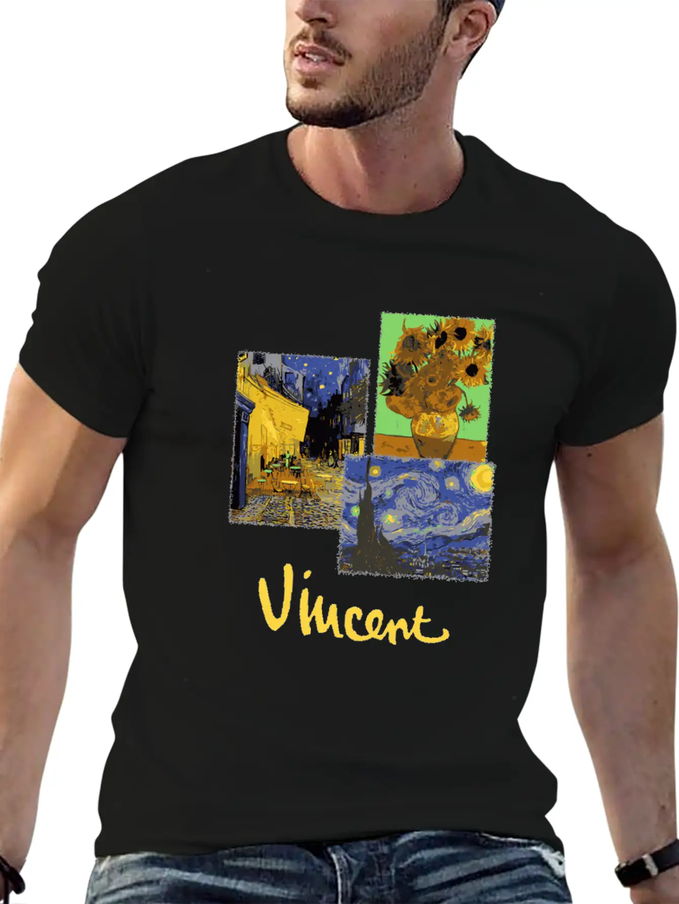 Night Cafe Sunflowers And Starry Night By Vincent Unisex Casual T-Shirt – Clean Design For Daily Comfort