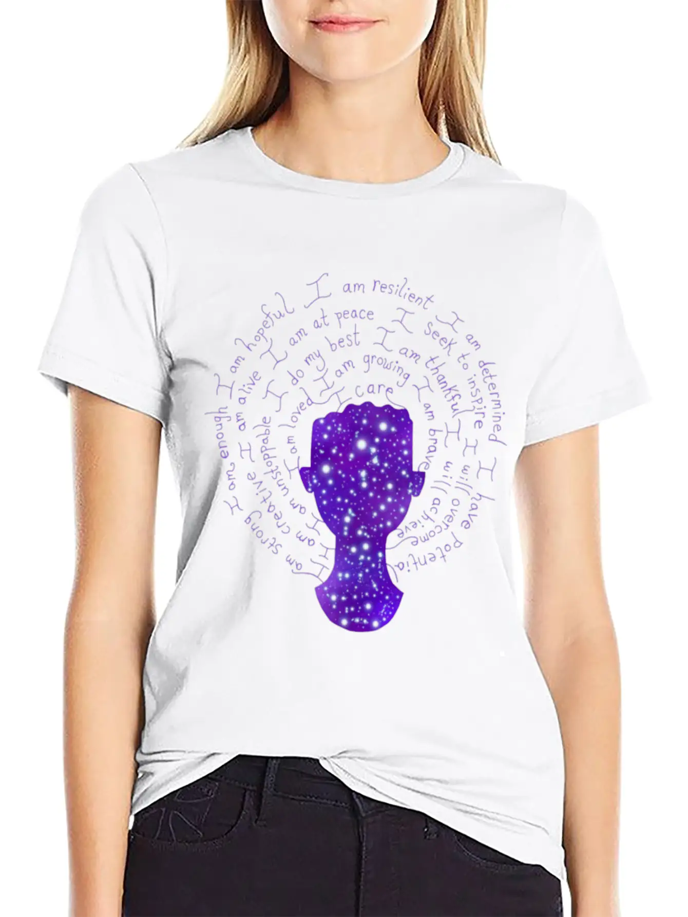 Night Galaxy Positive Mantras Female Silhouette Relaxed Everyday Tee – Lightweight And Durable Cotton
