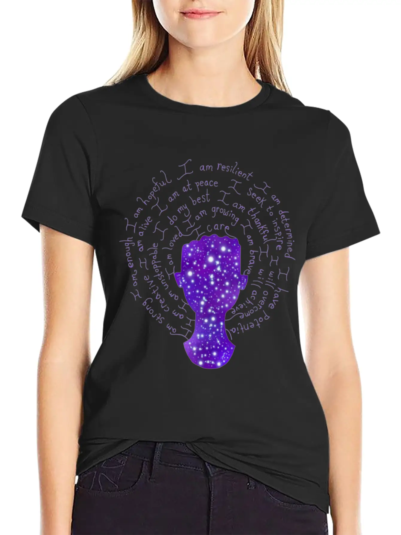 Night Galaxy Positive Mantras Female Silhouette Relaxed Everyday Tee – Lightweight And Durable Cotton