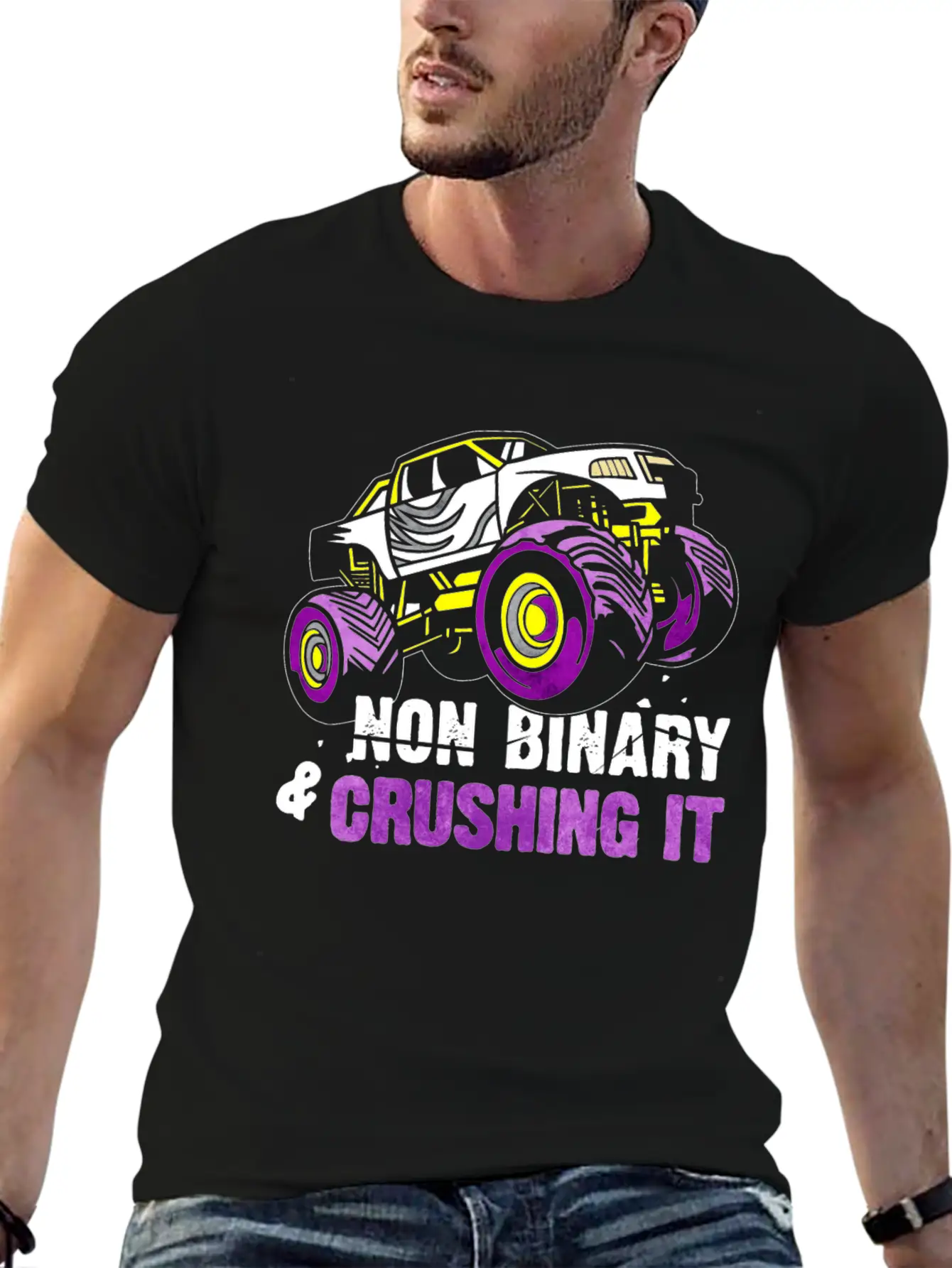 Non Binary Pride Flag Monster Truck Lightweight Cotton T-Shirt – Daily Comfort Graphic Shirt