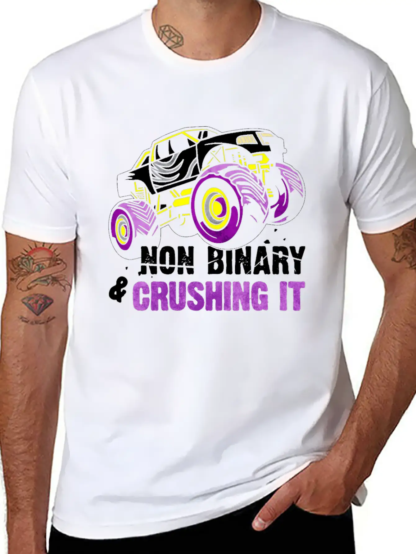 Non Binary Pride Flag Monster Truck Lightweight Cotton T-Shirt – Daily Comfort Graphic Shirt