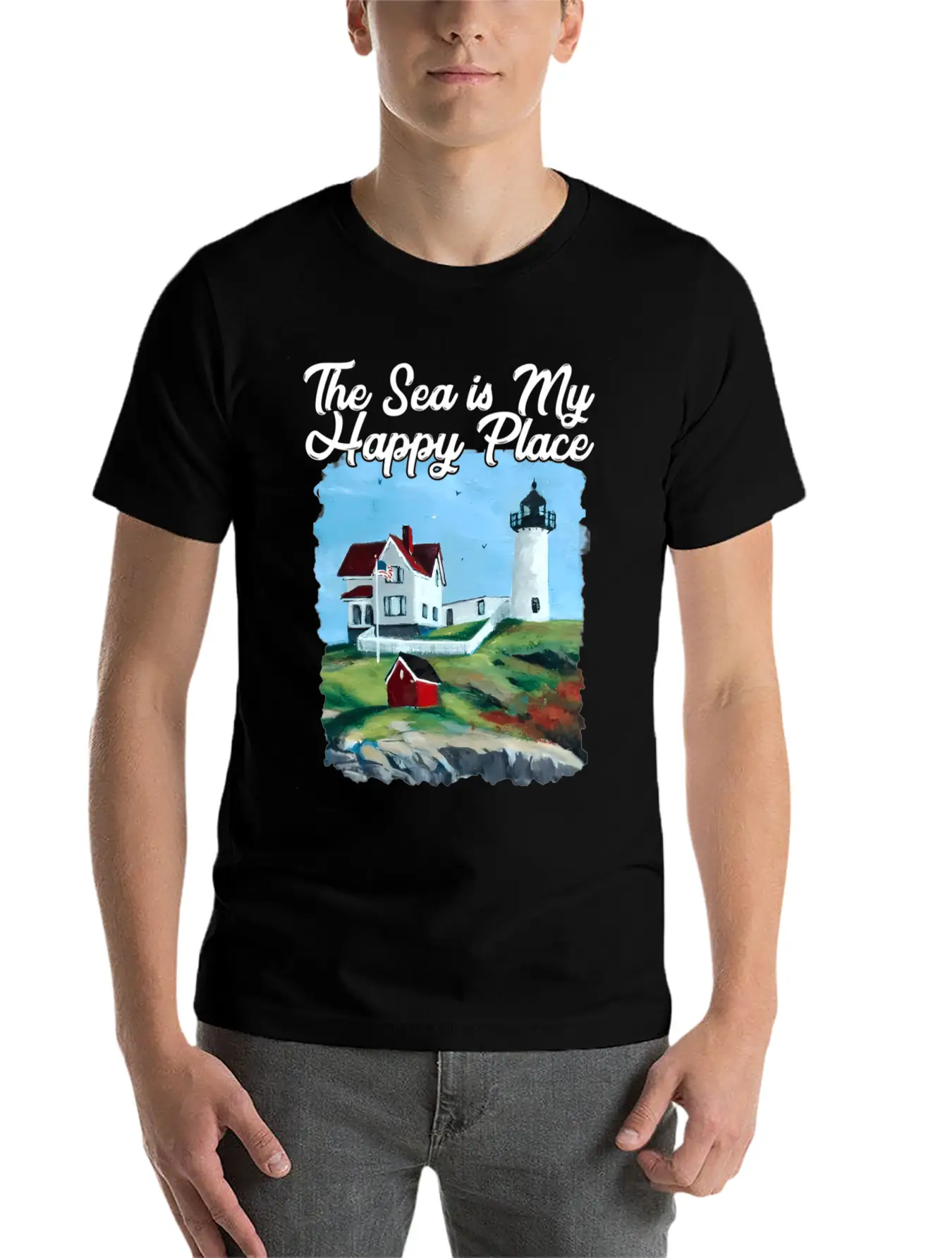 Nubble Lighthouse Maine Lighthouse Painting Summer Essential Cotton Tee For Daily Outfits – Unisex Style