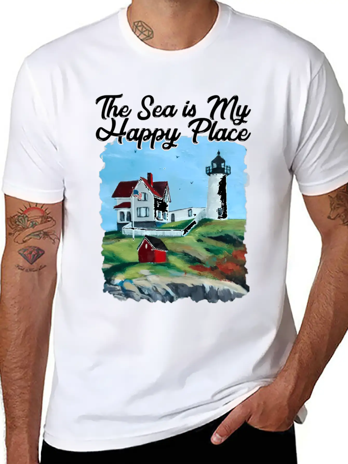 Nubble Lighthouse Maine Lighthouse Painting Summer Essential Cotton Tee For Daily Outfits – Unisex Style