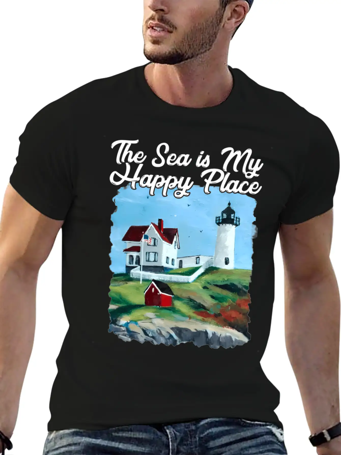Nubble Lighthouse Maine Lighthouse Painting Summer Essential Cotton Tee For Daily Outfits – Unisex Style