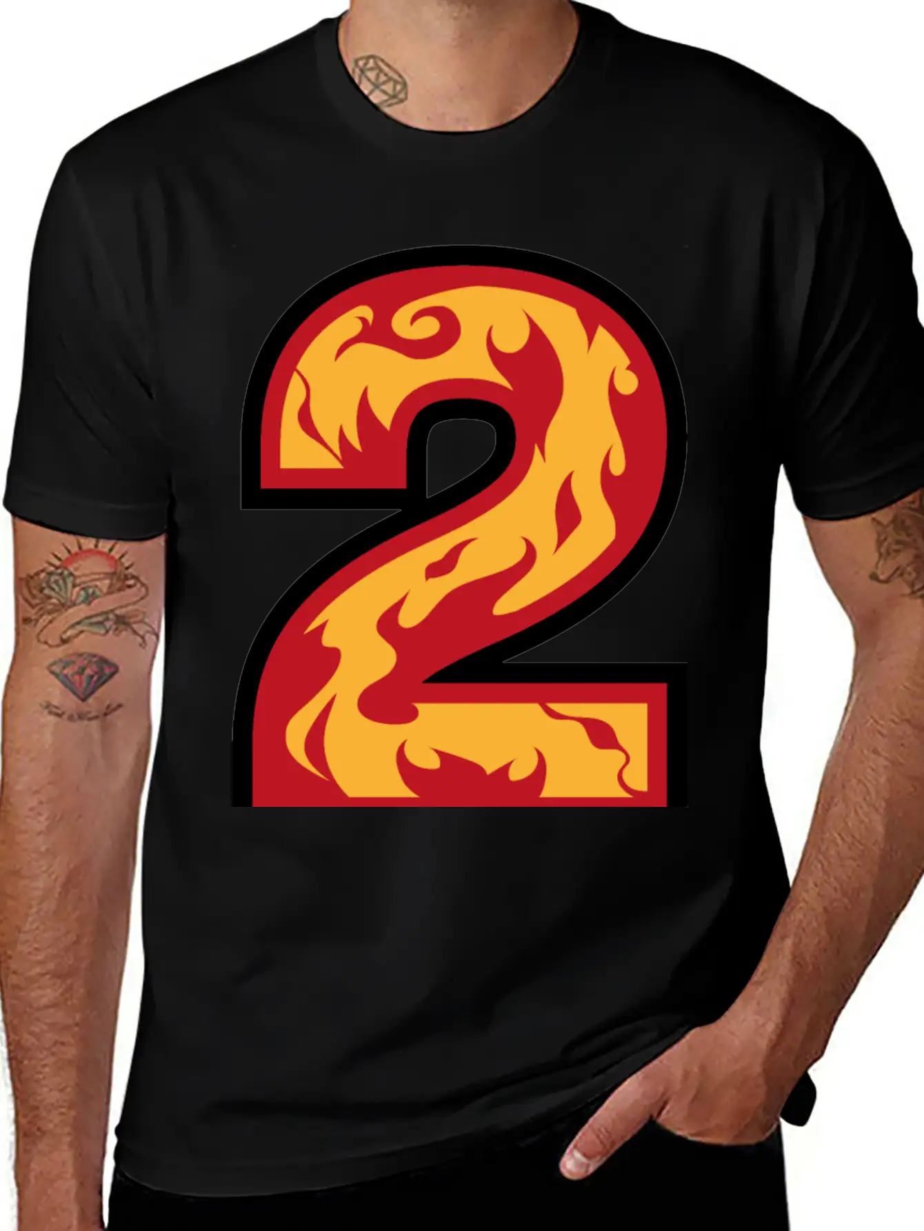 Number 2 With Flames - Number Two On Fire 🔥 Basic Graphic T-Shirt – Daily Comfort In Soft Cotton