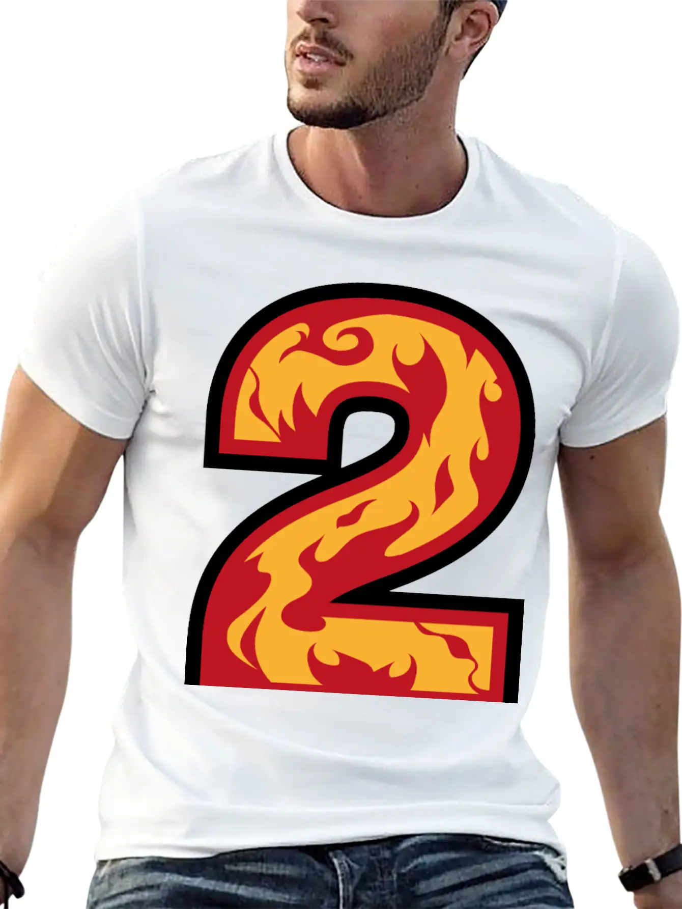 Number 2 With Flames - Number Two On Fire 🔥 Basic Graphic T-Shirt – Daily Comfort In Soft Cotton