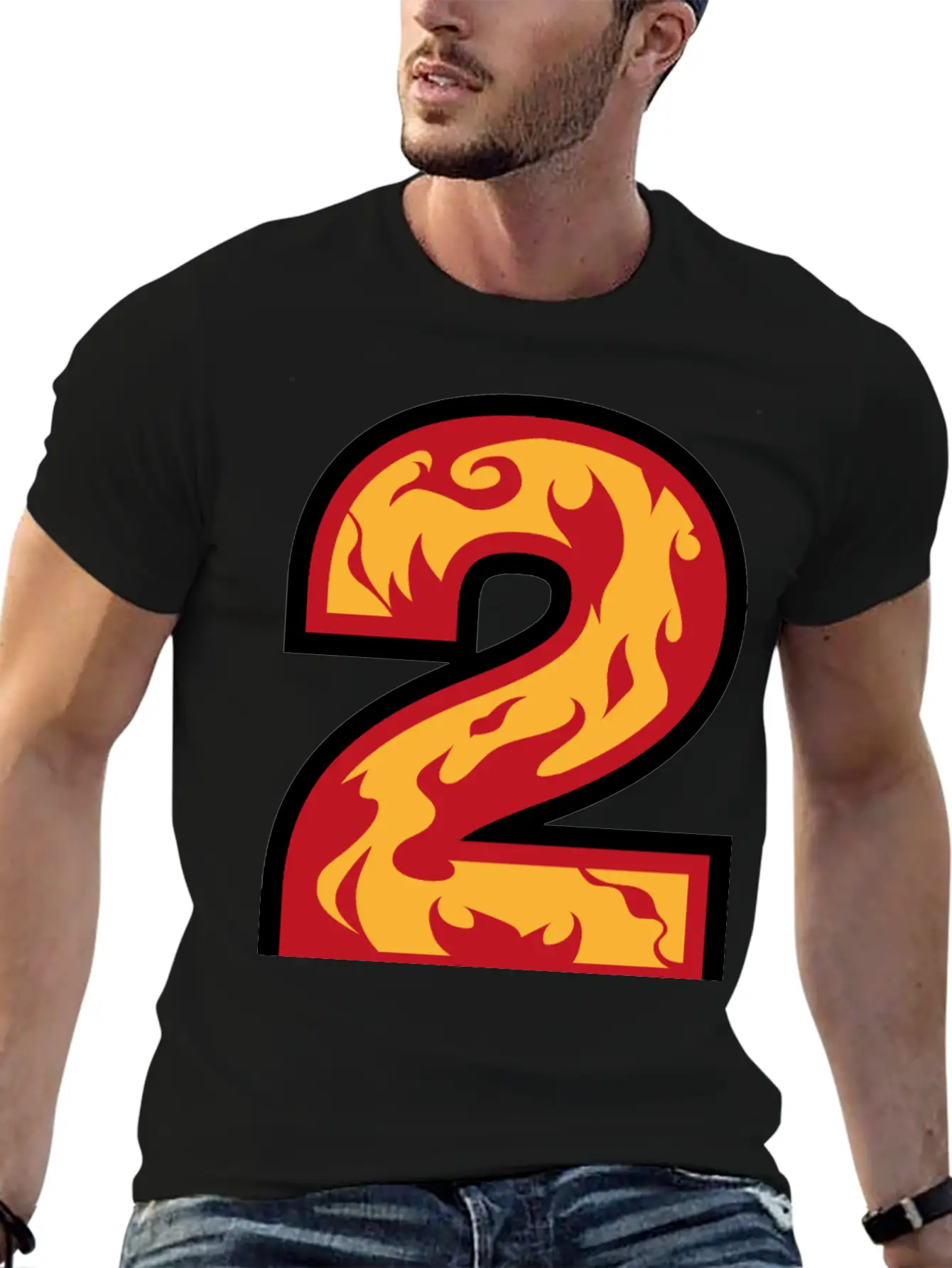 Number 2 With Flames - Number Two On Fire 🔥 Basic Graphic T-Shirt – Daily Comfort In Soft Cotton