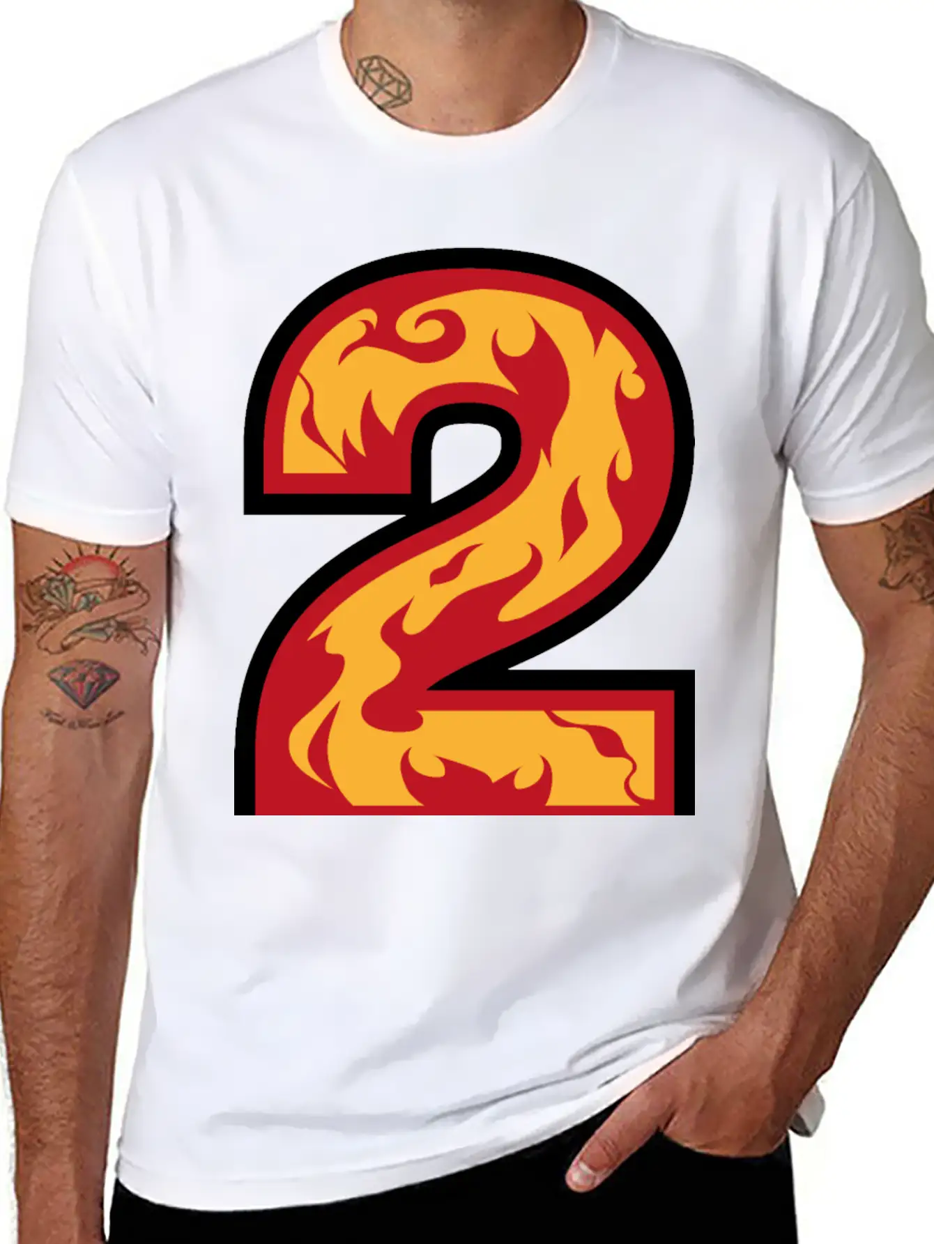 Number 2 With Flames - Number Two On Fire 🔥 Basic Graphic T-Shirt – Daily Comfort In Soft Cotton