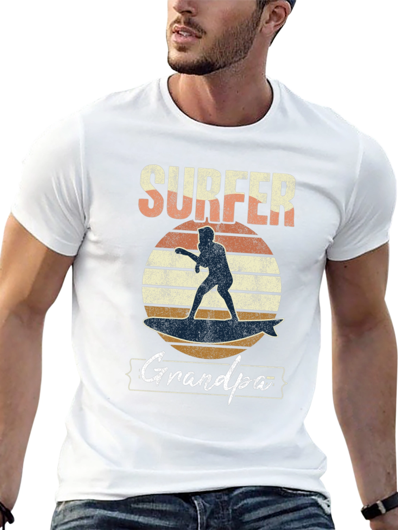Surfer Grandpa Graphic Tee - Black Cotton T-Shirt