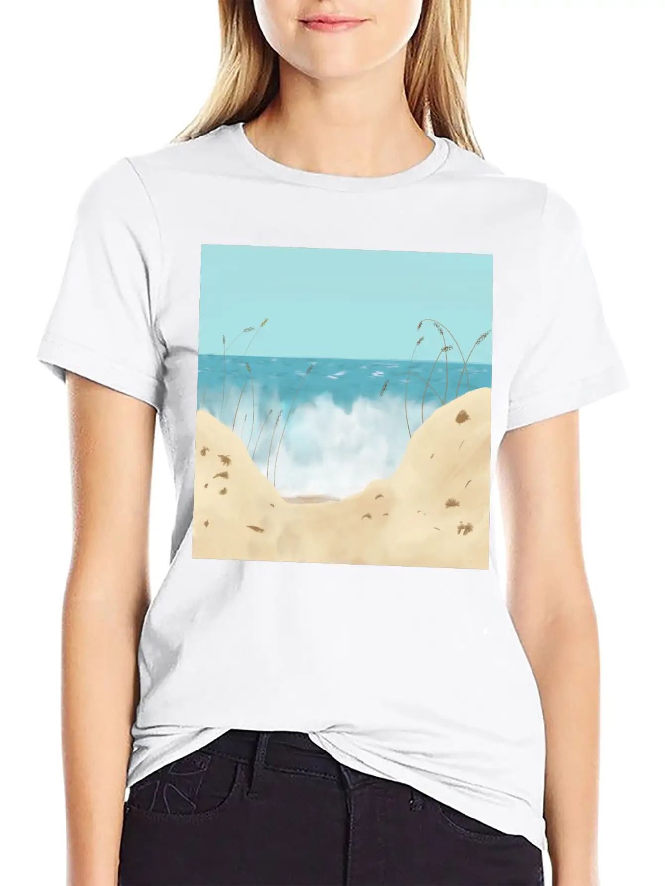 Ocean Waves Against The Shore And Sand Dunes Lightweight Cotton T-Shirt – Daily Comfort Graphic Shirt